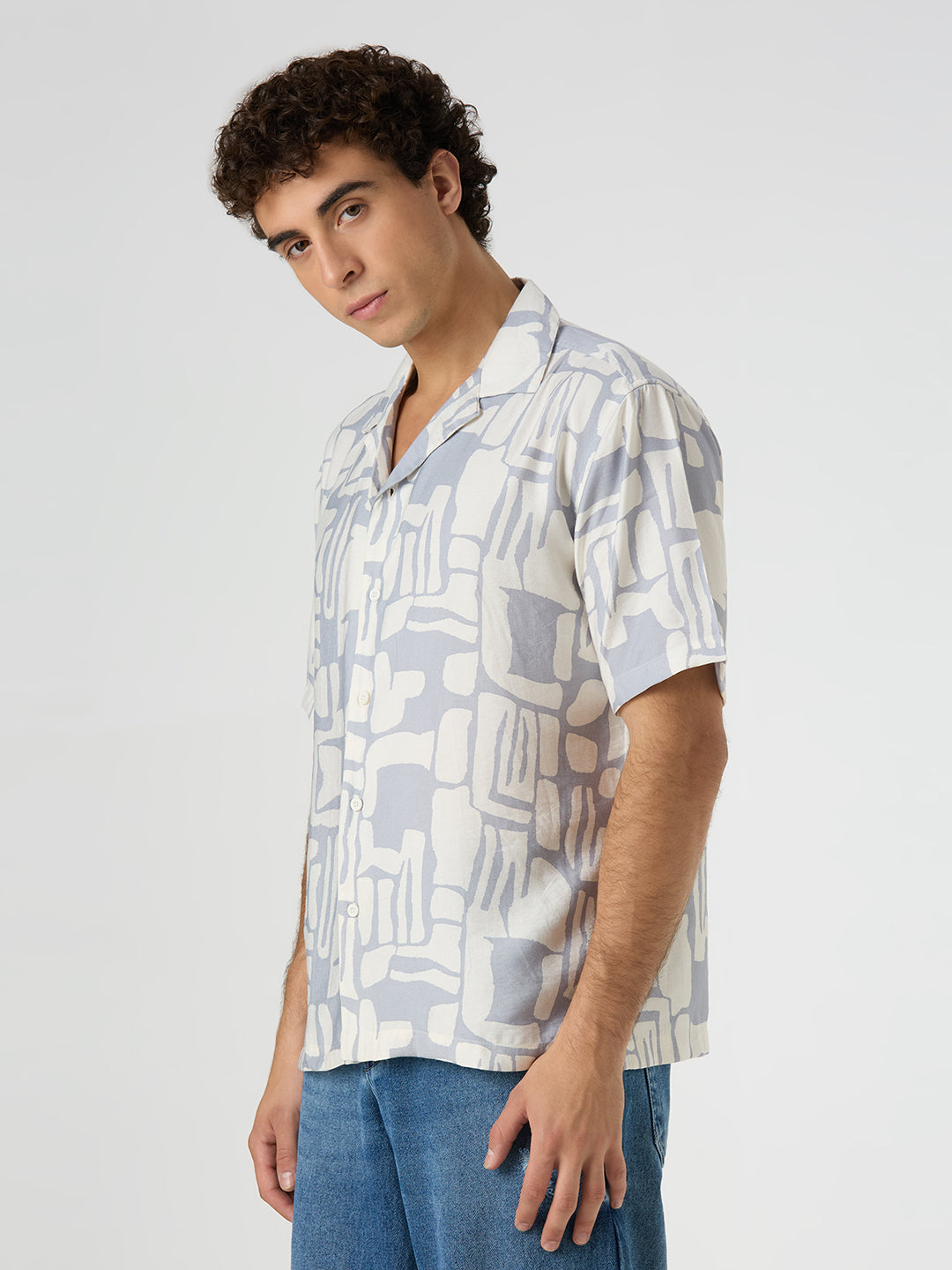 Flint Half-Sleeves Printed Cuban Collar Shirt - Grey