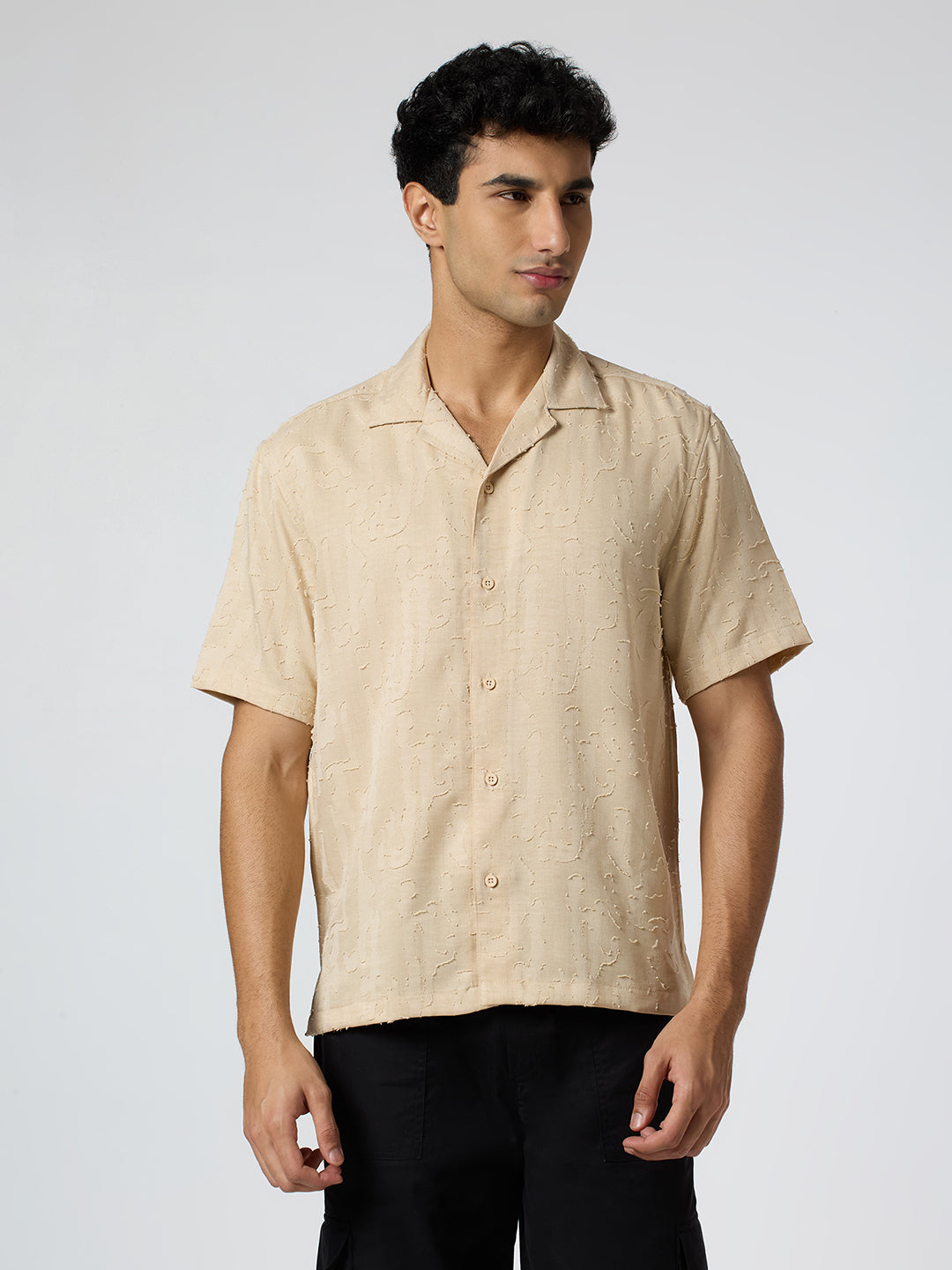 Fossil Half-Sleeves Textured Cuban Collar Shirt - Beige