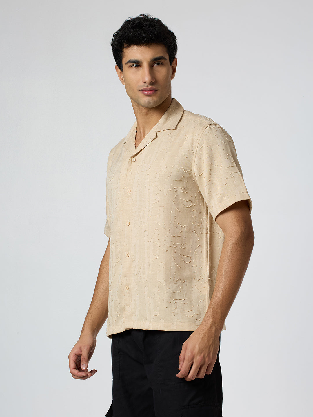 Fossil Half-Sleeves Textured Cuban Collar Shirt - Beige