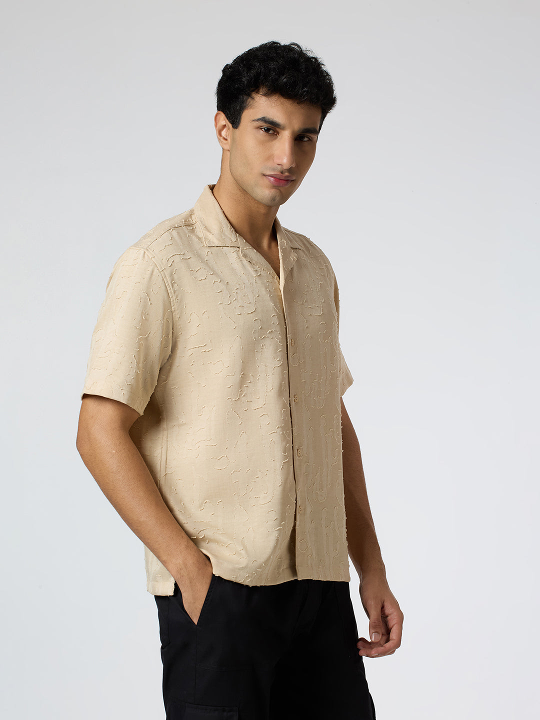 Fossil Half-Sleeves Textured Cuban Collar Shirt - Beige