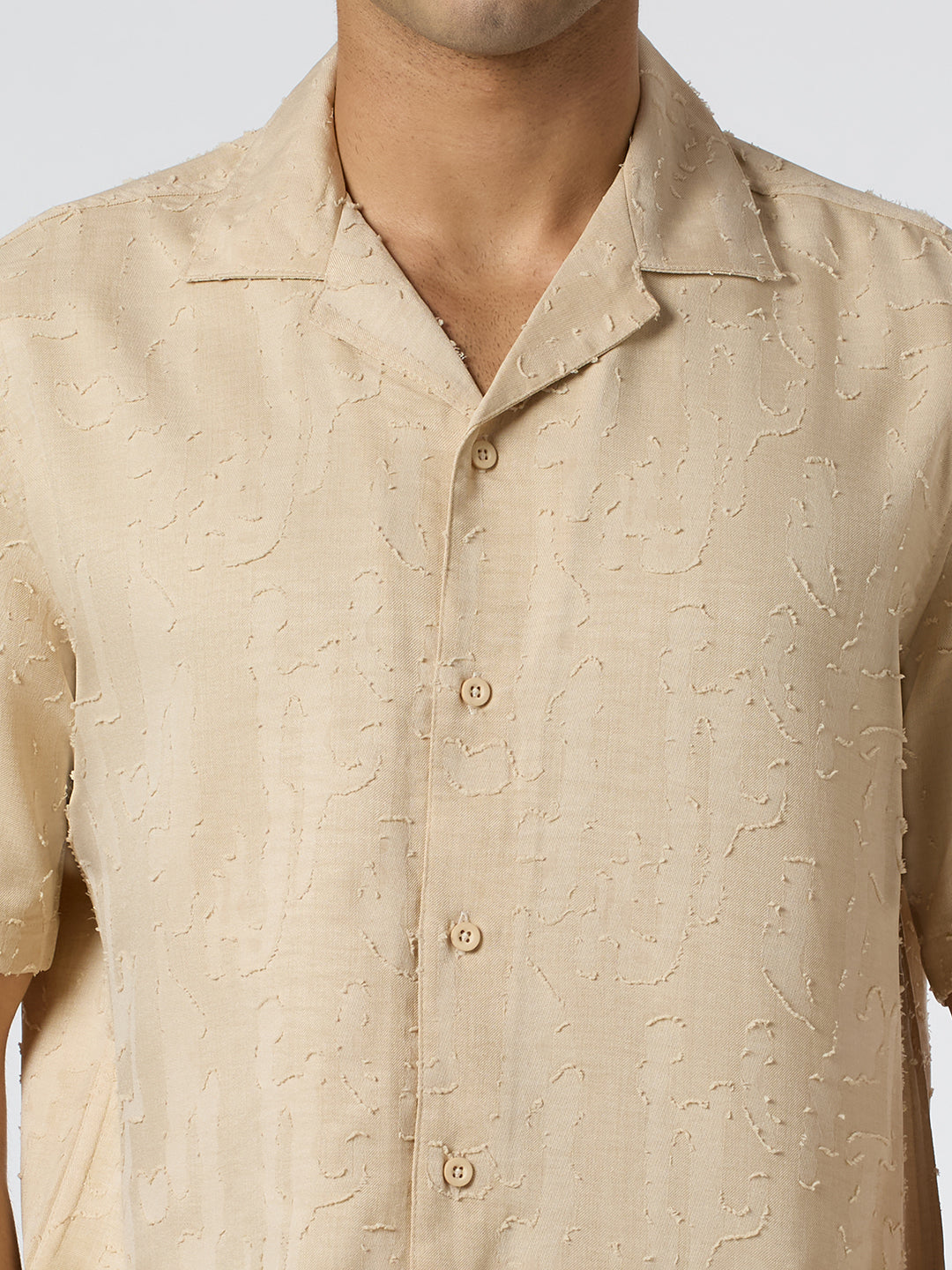 Fossil Half-Sleeves Textured Cuban Collar Shirt - Beige