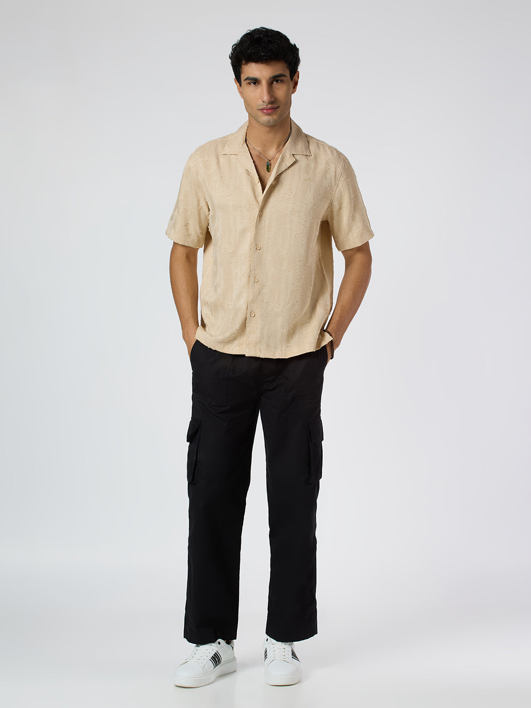Fossil Half-Sleeves Textured Cuban Collar Shirt - Beige