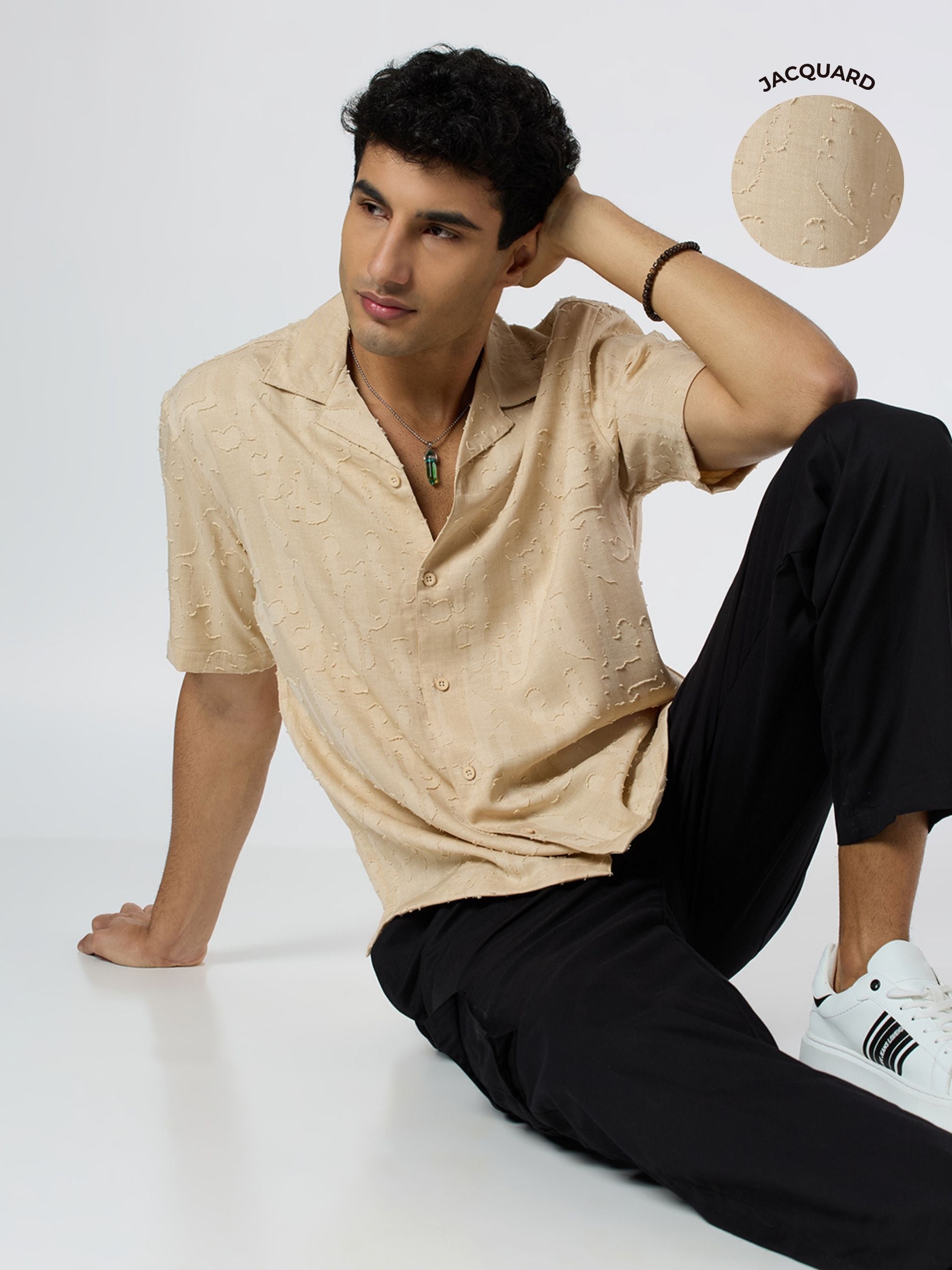 Fossil Half-Sleeves Textured Cuban Collar Shirt - Beige