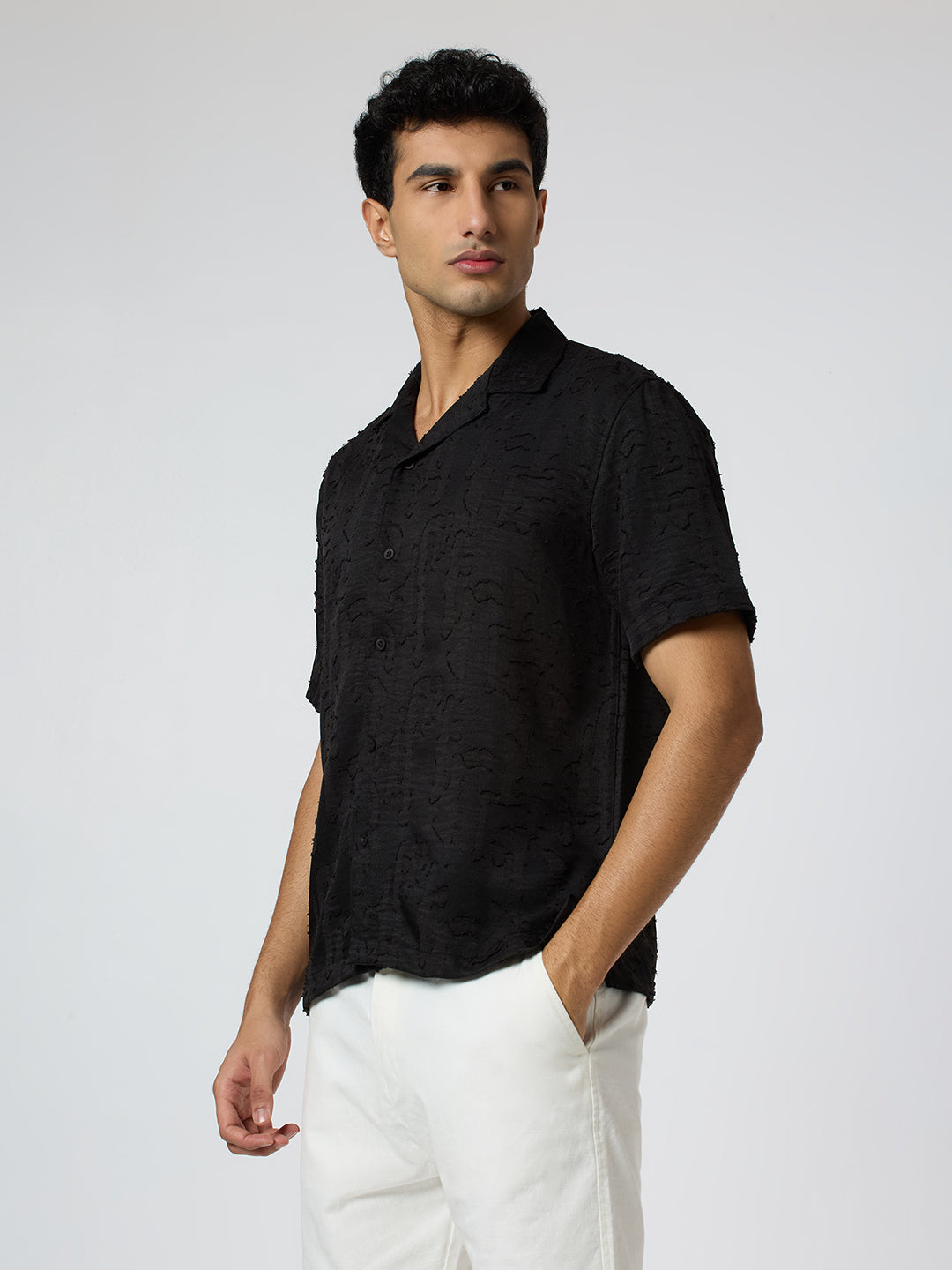 Fossil Half-Sleeves Textured Cuban Collar Shirt - Black