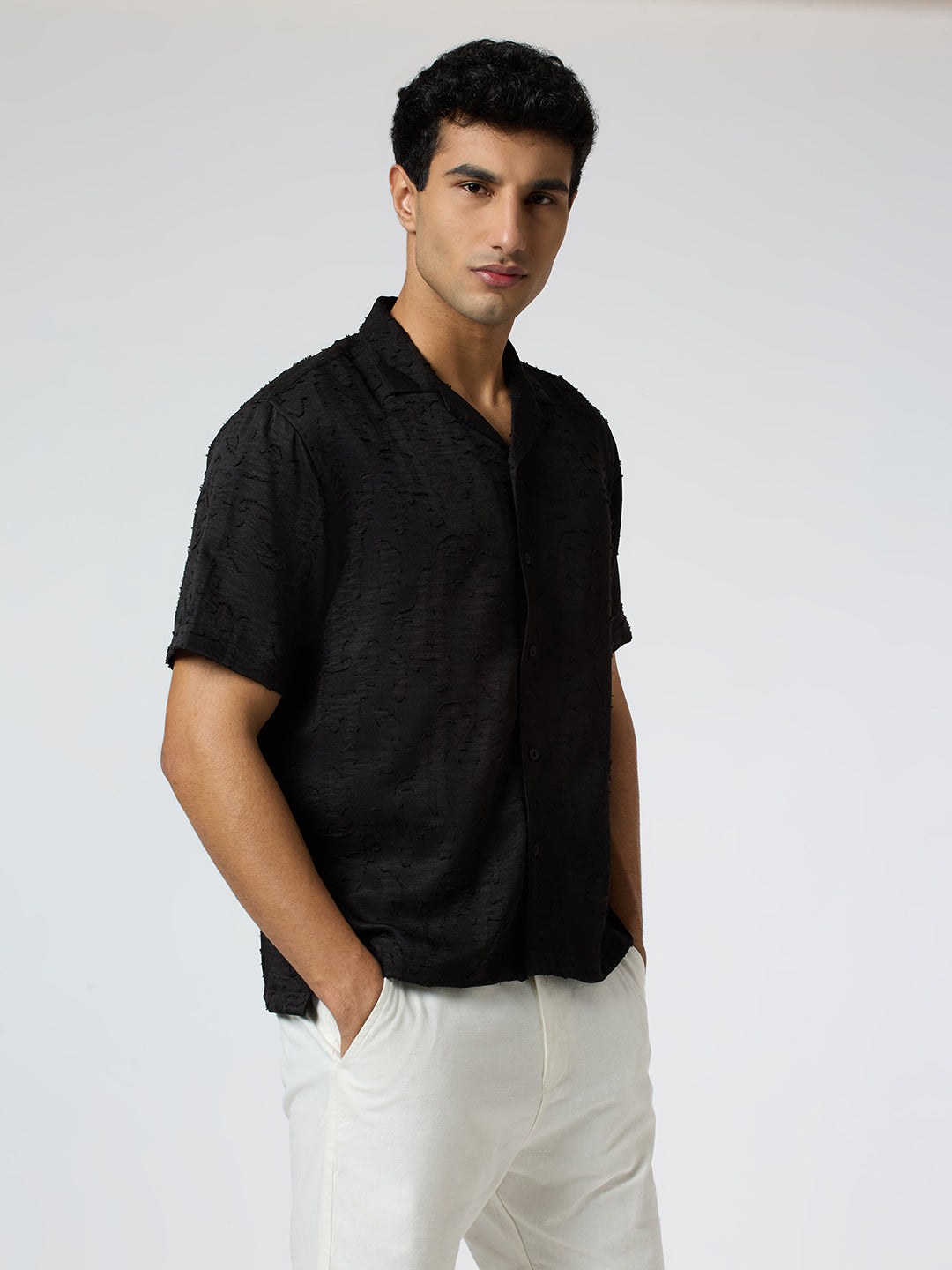 Fossil Half-Sleeves Textured Cuban Collar Shirt - Black