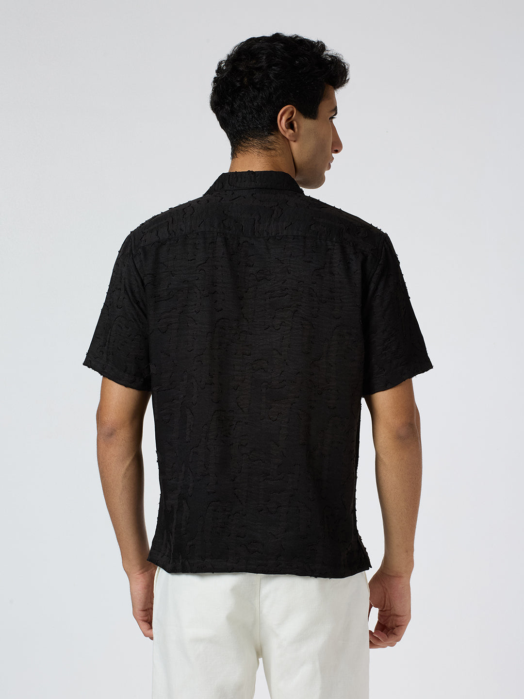 Fossil Half-Sleeves Textured Cuban Collar Shirt - Black