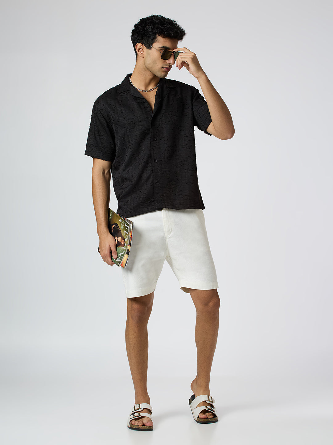 Fossil Half-Sleeves Textured Cuban Collar Shirt - Black
