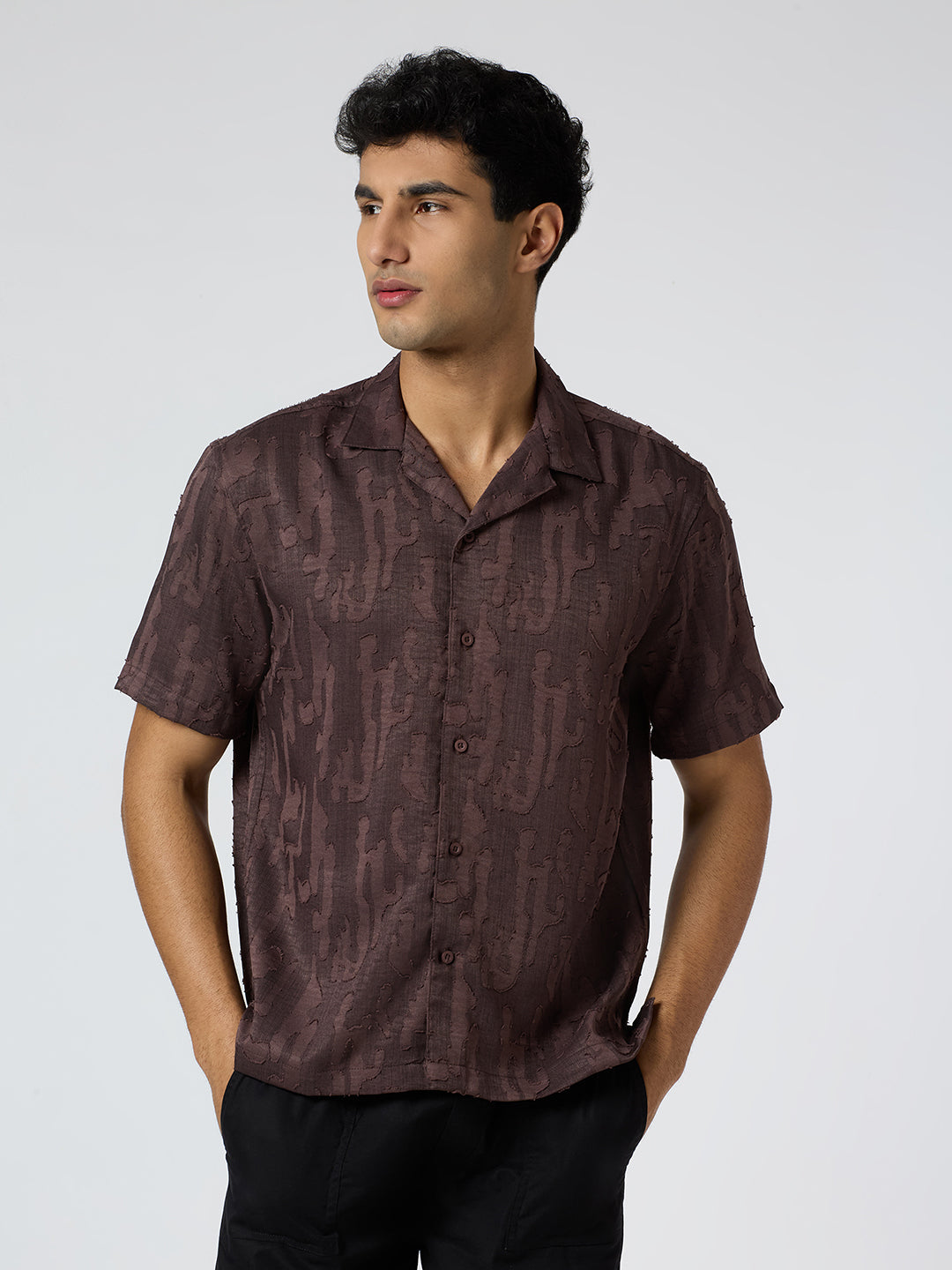 Fossil Half-Sleeves Textured Cuban Collar Shirt - Brown