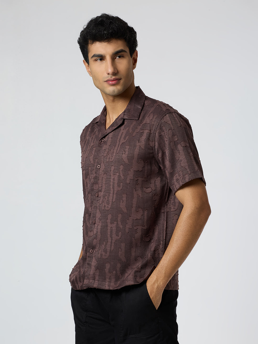 Fossil Half-Sleeves Textured Cuban Collar Shirt - Brown