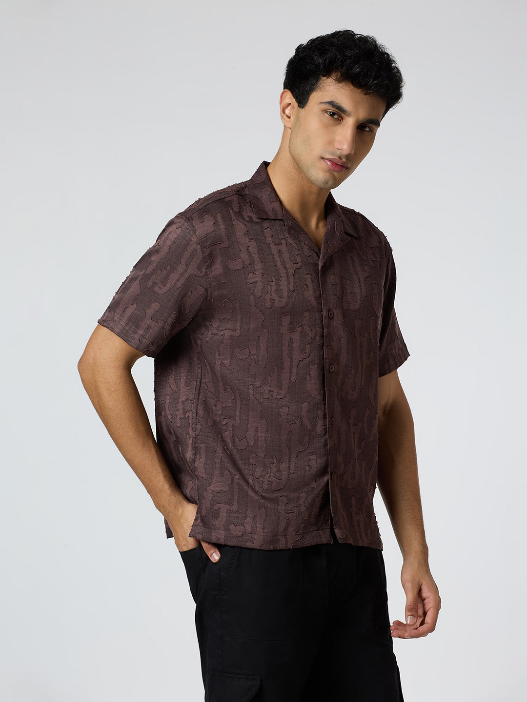 Fossil Half-Sleeves Textured Cuban Collar Shirt - Brown