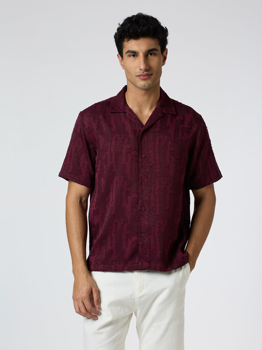 Fossil Half-Sleeves Textured Cuban Collar Shirt - Burgundy