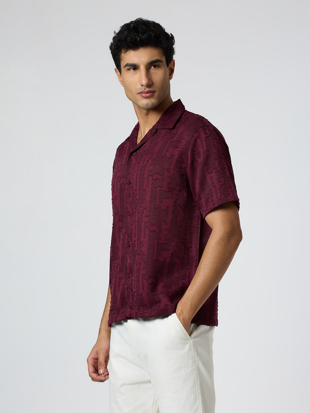 Fossil Half-Sleeves Textured Cuban Collar Shirt - Burgundy