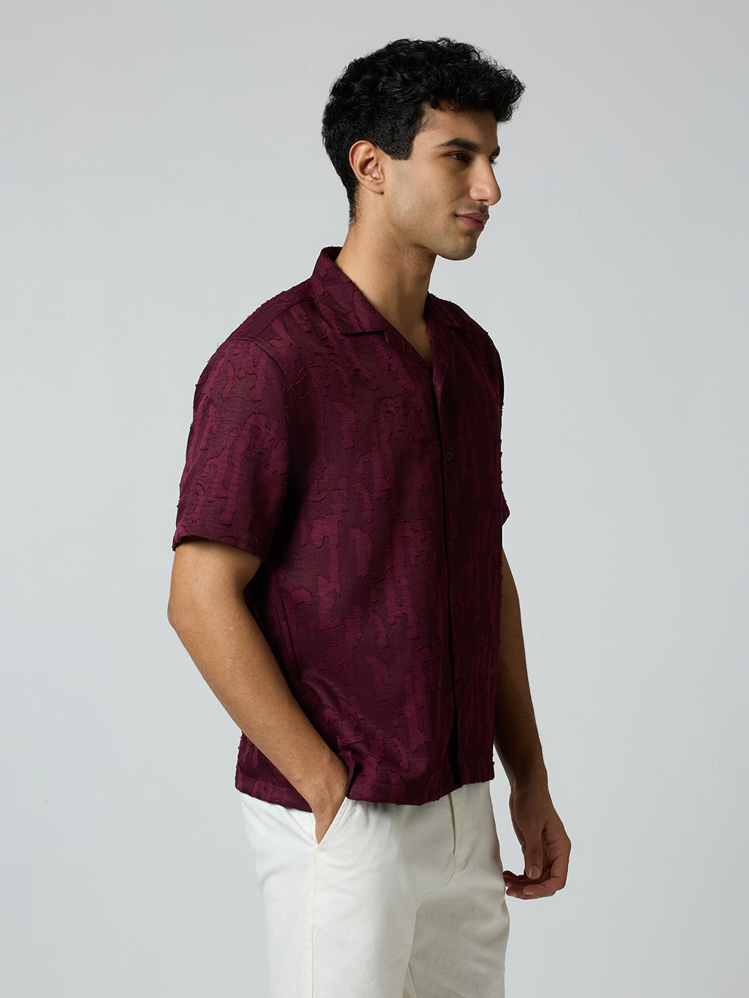 Fossil Half-Sleeves Textured Cuban Collar Shirt - Burgundy
