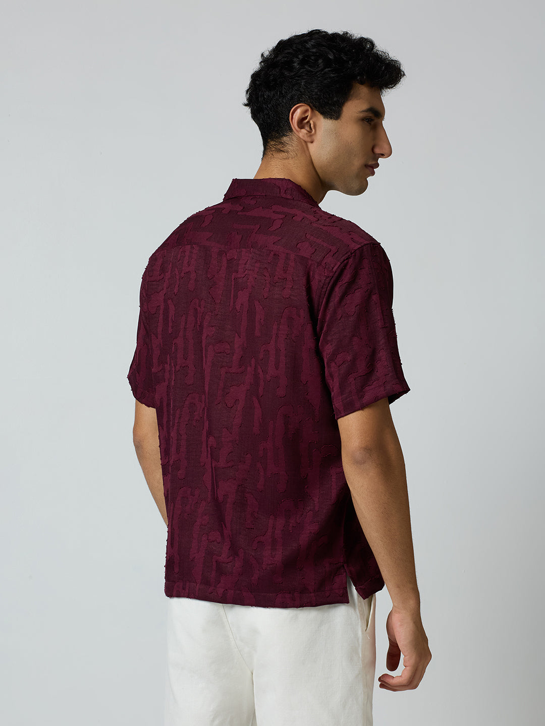 Fossil Half-Sleeves Textured Cuban Collar Shirt - Burgundy