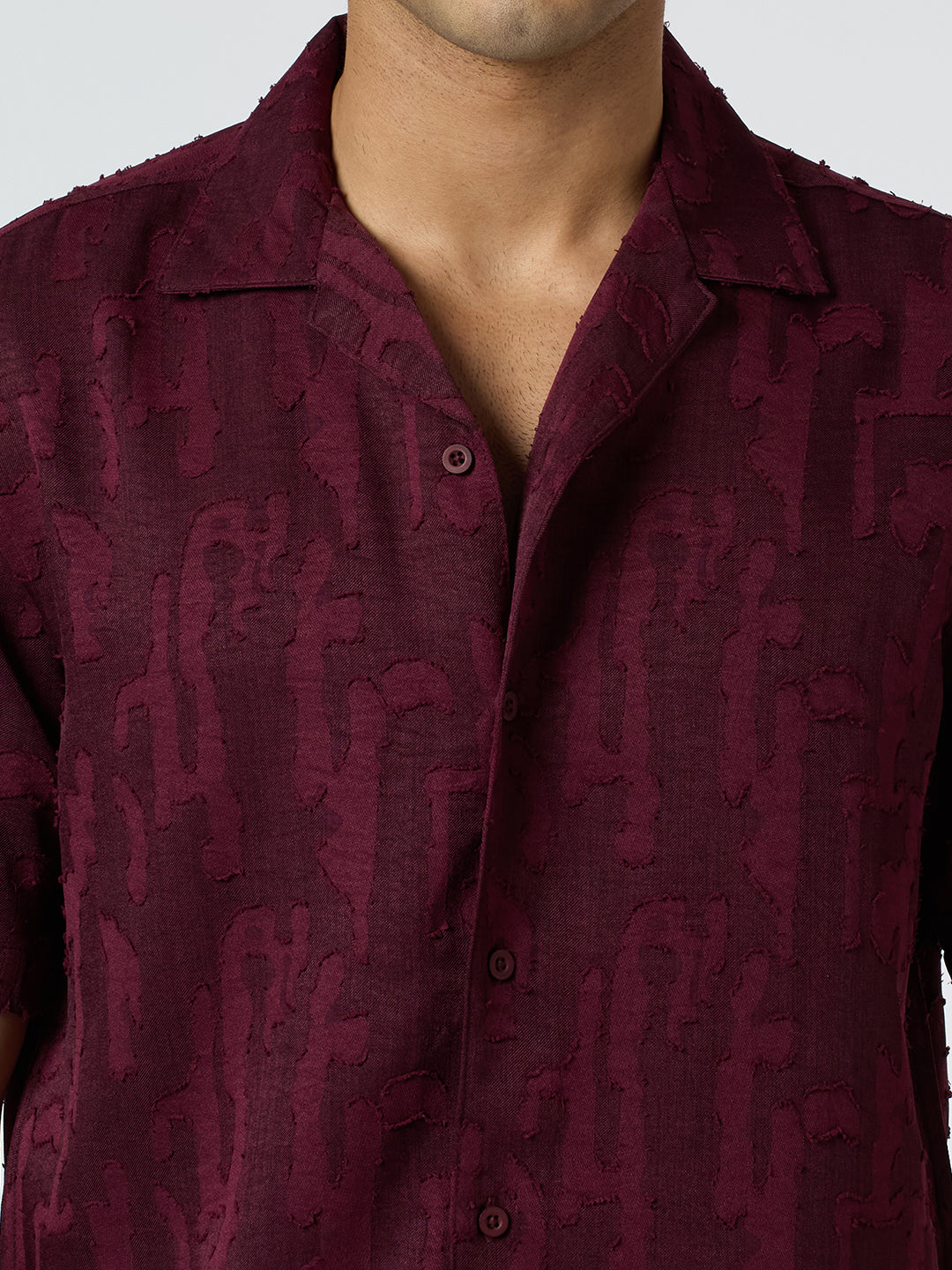 Fossil Half-Sleeves Textured Cuban Collar Shirt - Burgundy