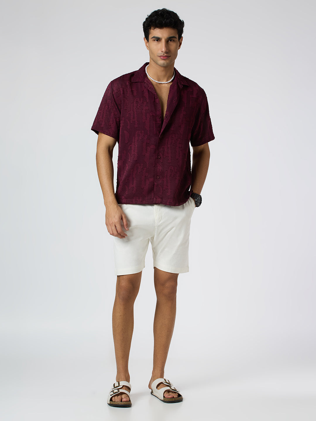 Fossil Half-Sleeves Textured Cuban Collar Shirt - Burgundy