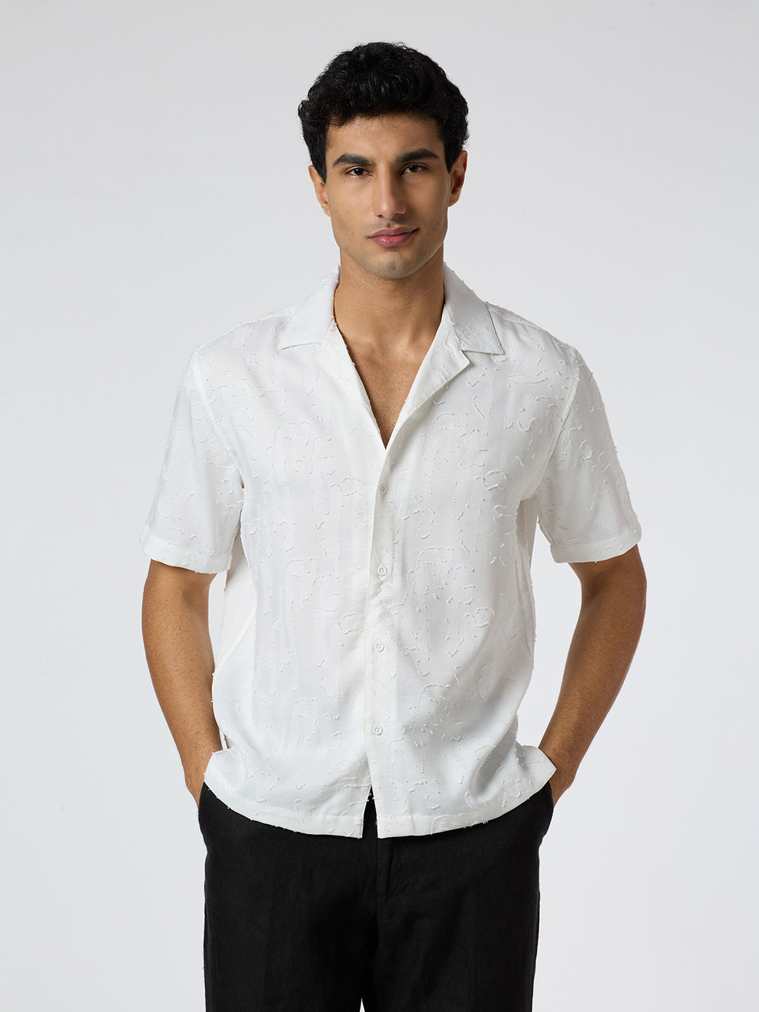 Fossil Half-Sleeves Textured Cuban Collar Shirt - White