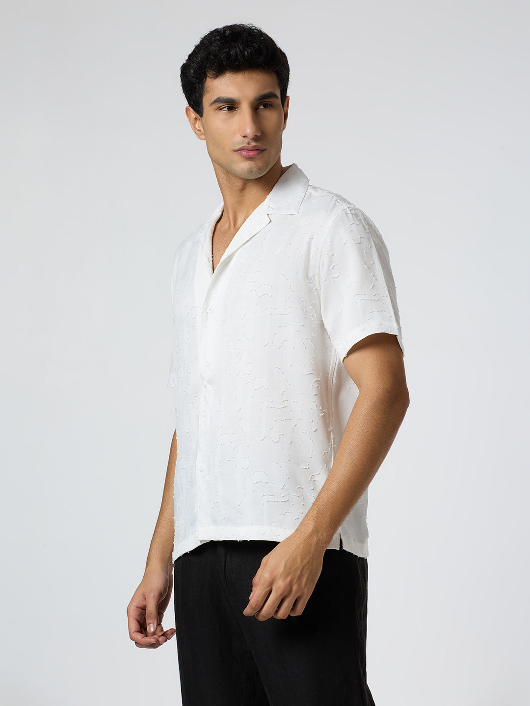 Fossil Half-Sleeves Textured Cuban Collar Shirt - White