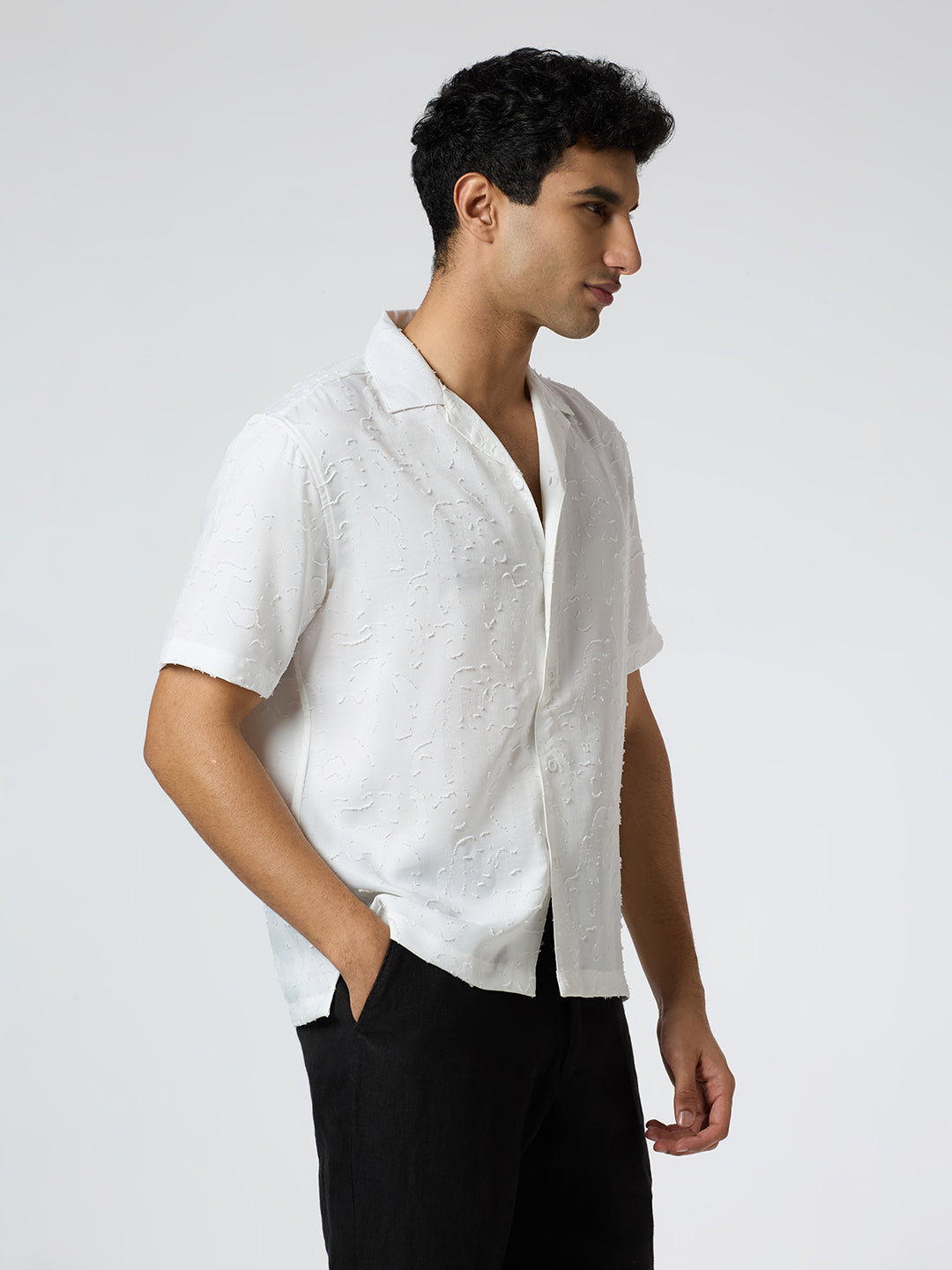 Fossil Half-Sleeves Textured Cuban Collar Shirt - White