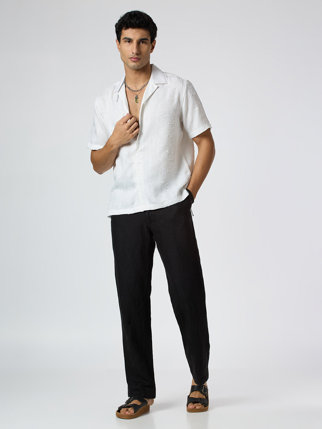 Fossil Half-Sleeves Textured Cuban Collar Shirt - White