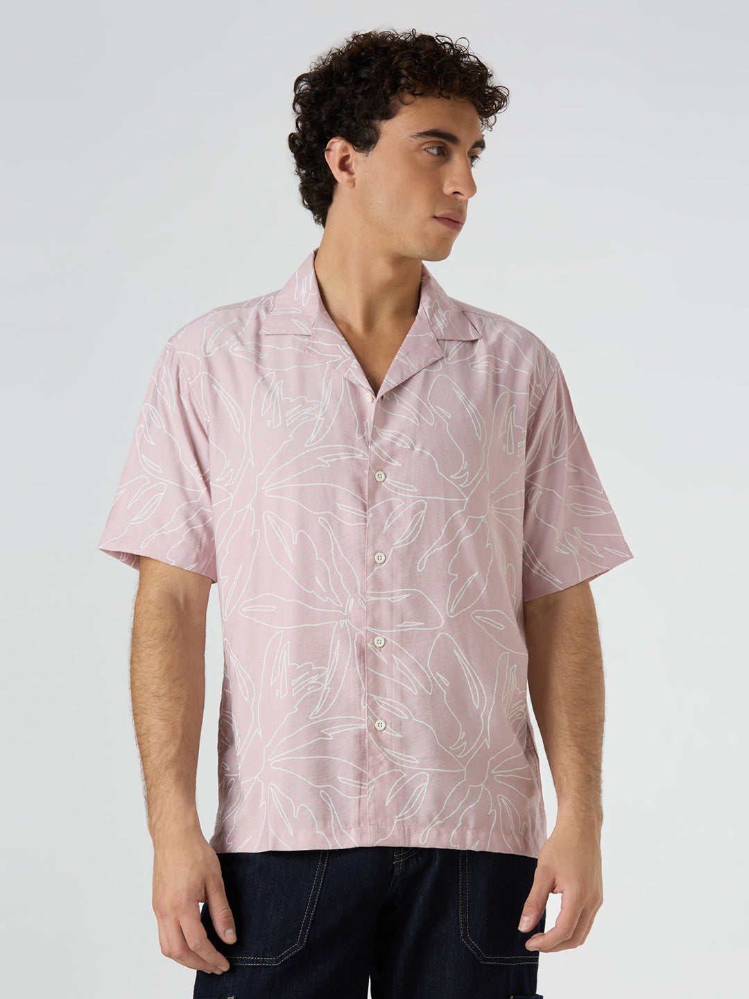 Herb Half-Sleeves Printed Cuban Collar Shirt - Pink