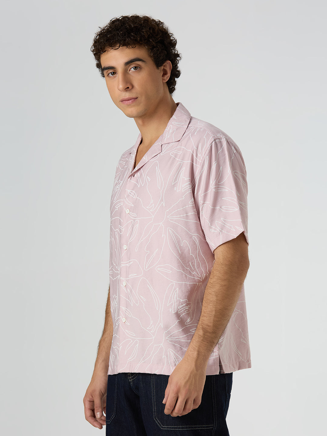 Herb Half-Sleeves Printed Cuban Collar Shirt - Pink