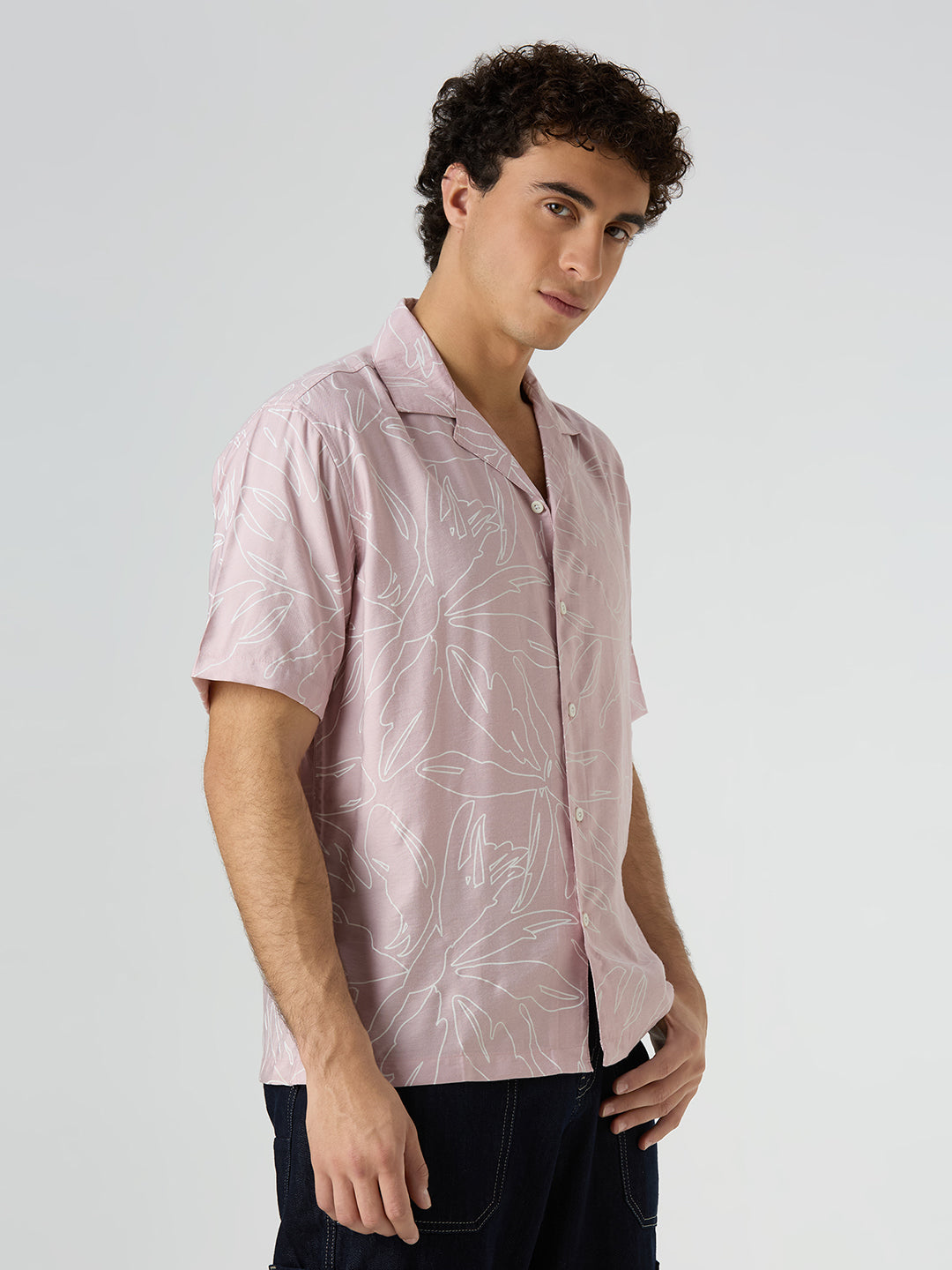 Herb Half-Sleeves Printed Cuban Collar Shirt - Pink