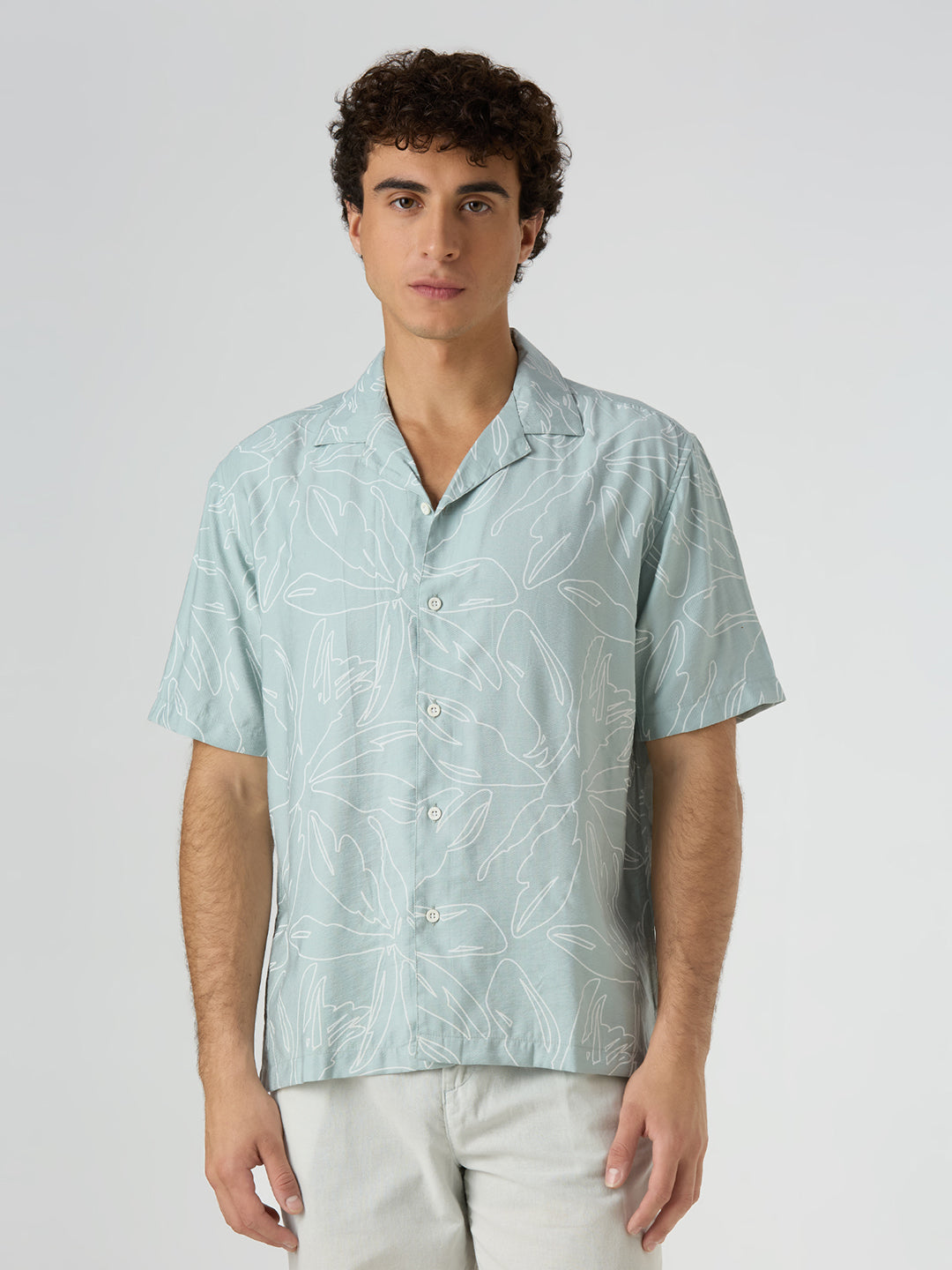 Herb Half-Sleeves Printed Cuban Collar Shirt - Sea Green