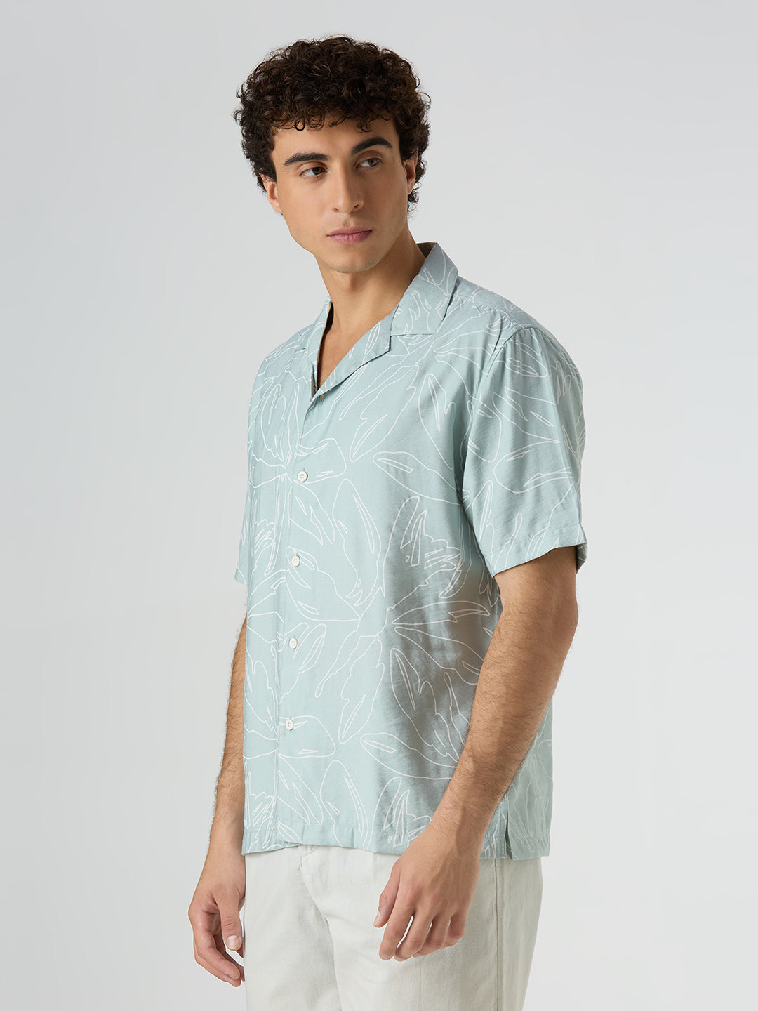 Herb Half-Sleeves Printed Cuban Collar Shirt - Sea Green