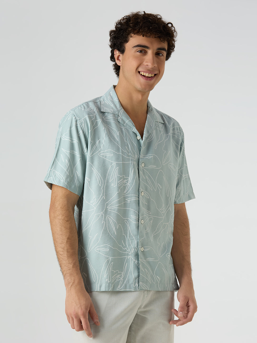 Herb Half-Sleeves Printed Cuban Collar Shirt - Sea Green