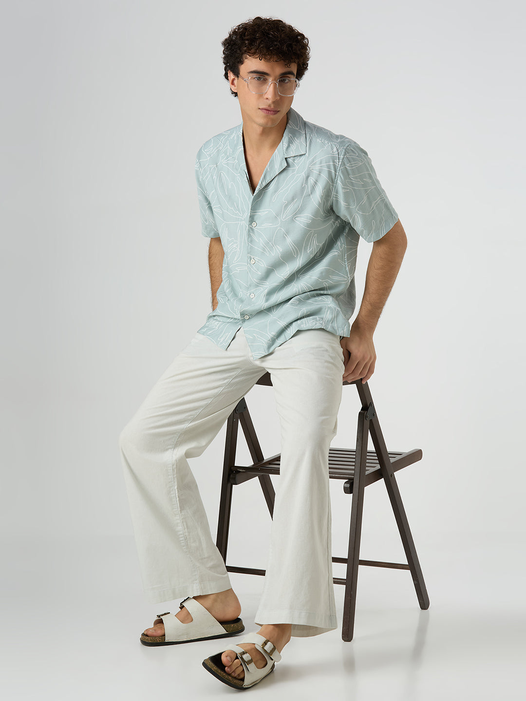 Herb Half-Sleeves Printed Cuban Collar Shirt - Sea Green