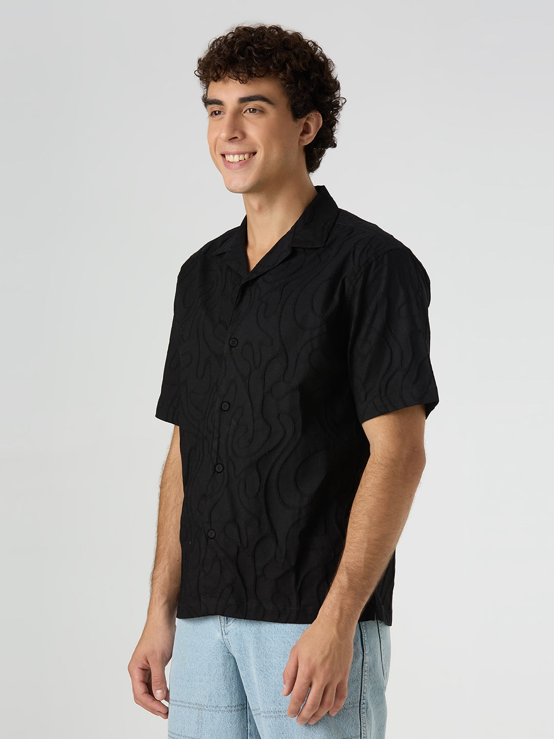 Olive Half-Sleeves Textured Cuban Collar Shirt - Black