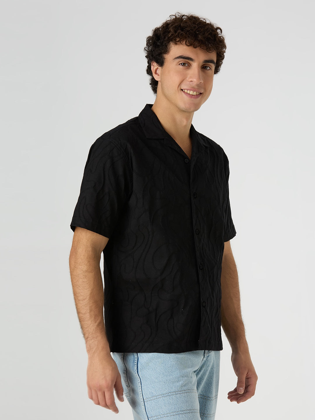 Olive Half-Sleeves Textured Cuban Collar Shirt - Black