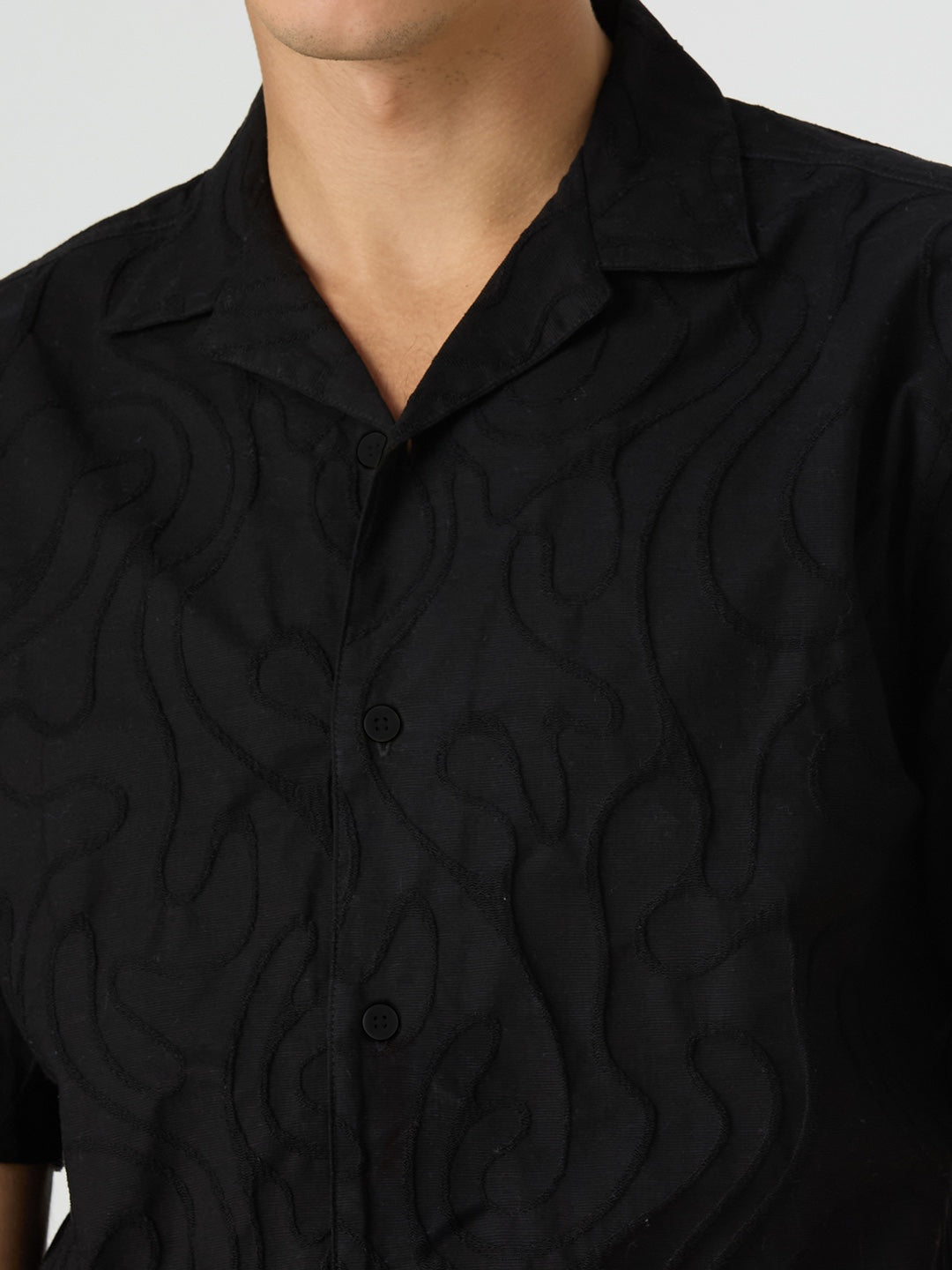 Olive Half-Sleeves Textured Cuban Collar Shirt - Black