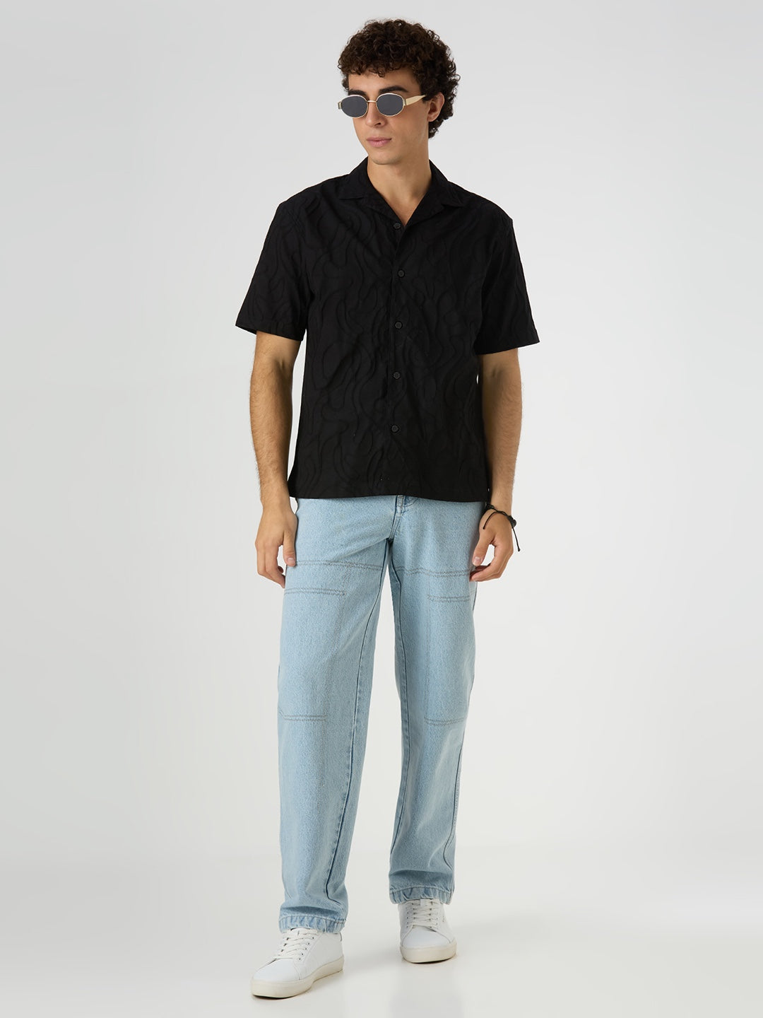 Olive Half-Sleeves Textured Cuban Collar Shirt - Black