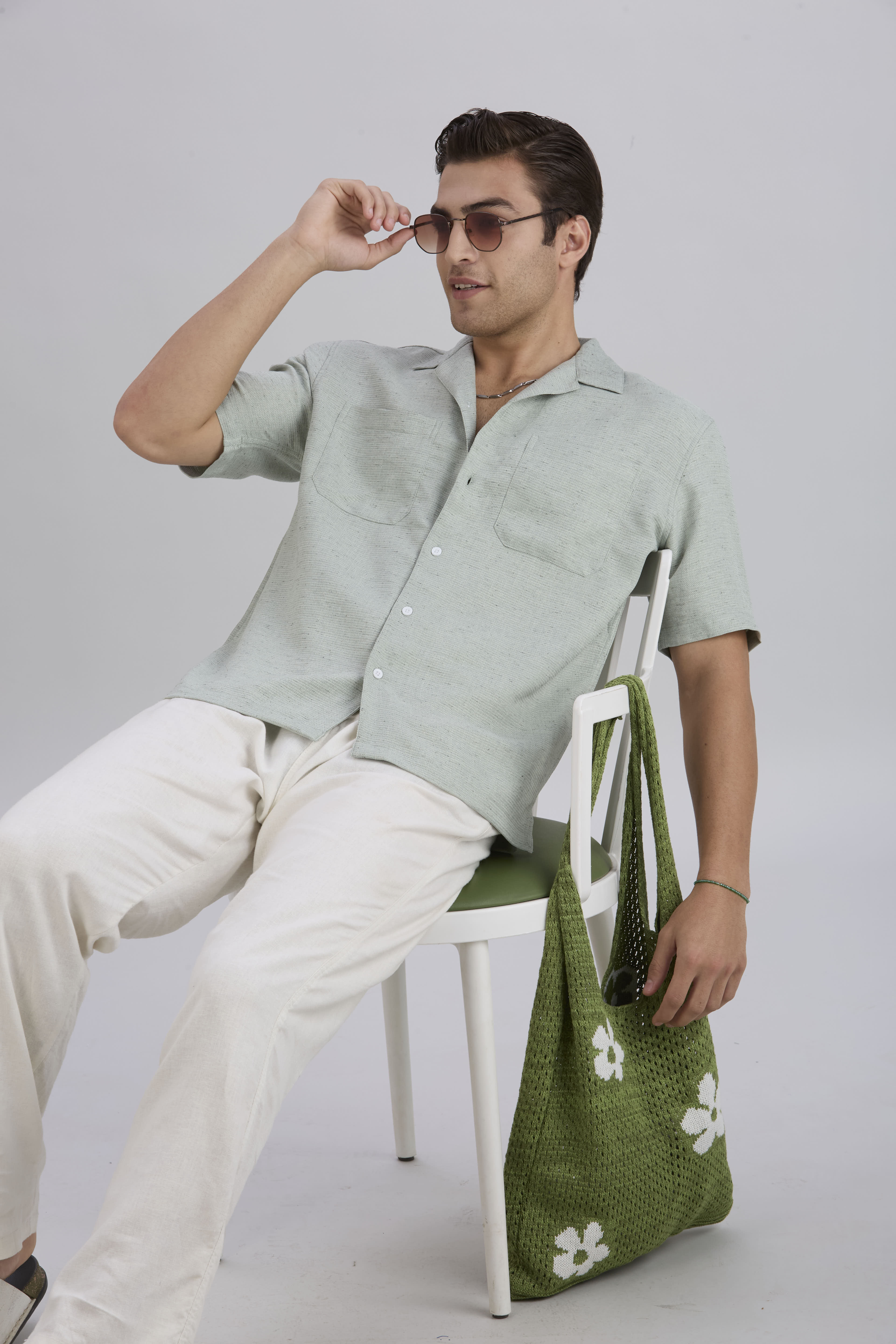 Matrix Half-Sleeves Double Pocket Cuban Collar Shirt - Green