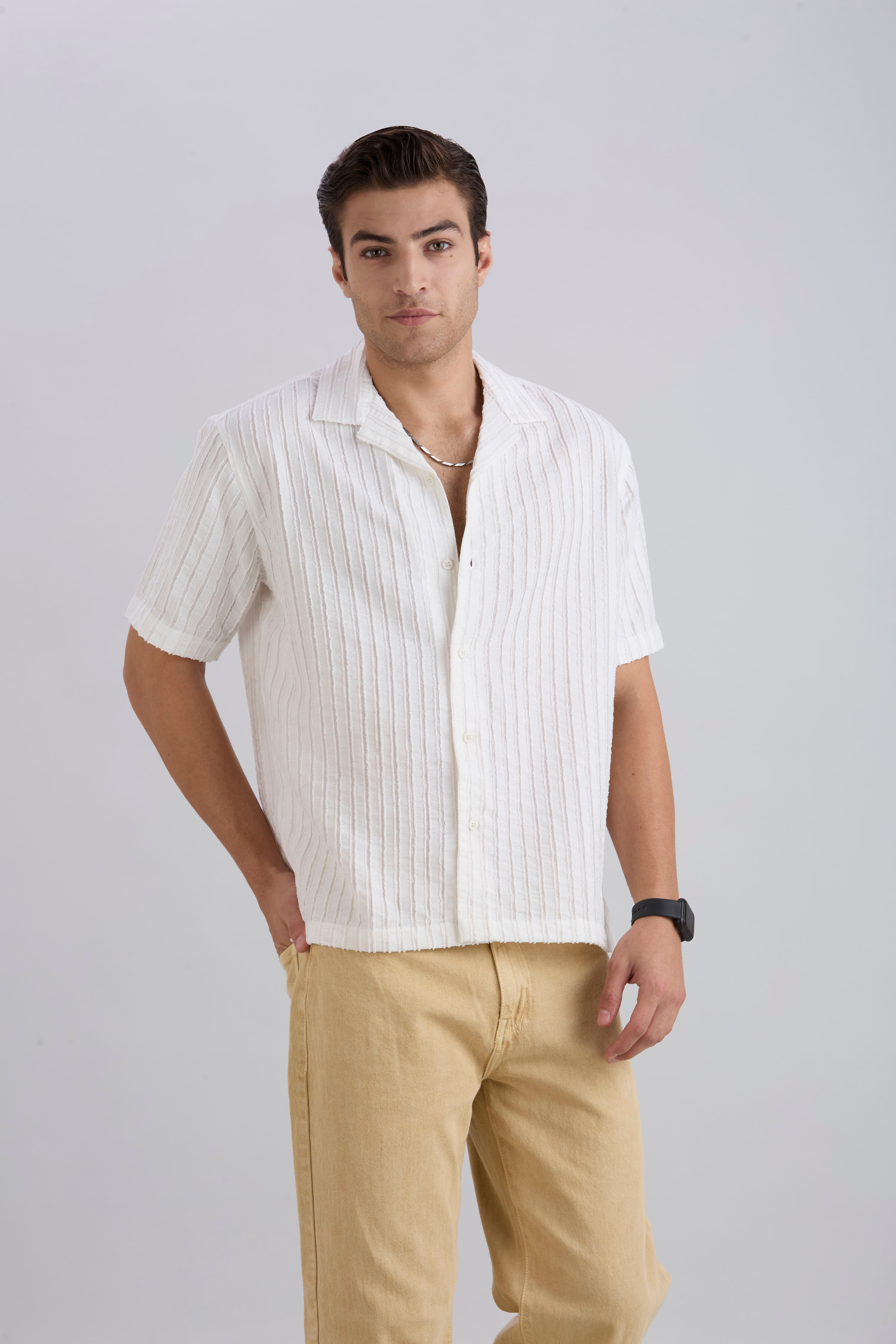 Mark Half-Sleeves Textured Cuban Collar Shirt - White