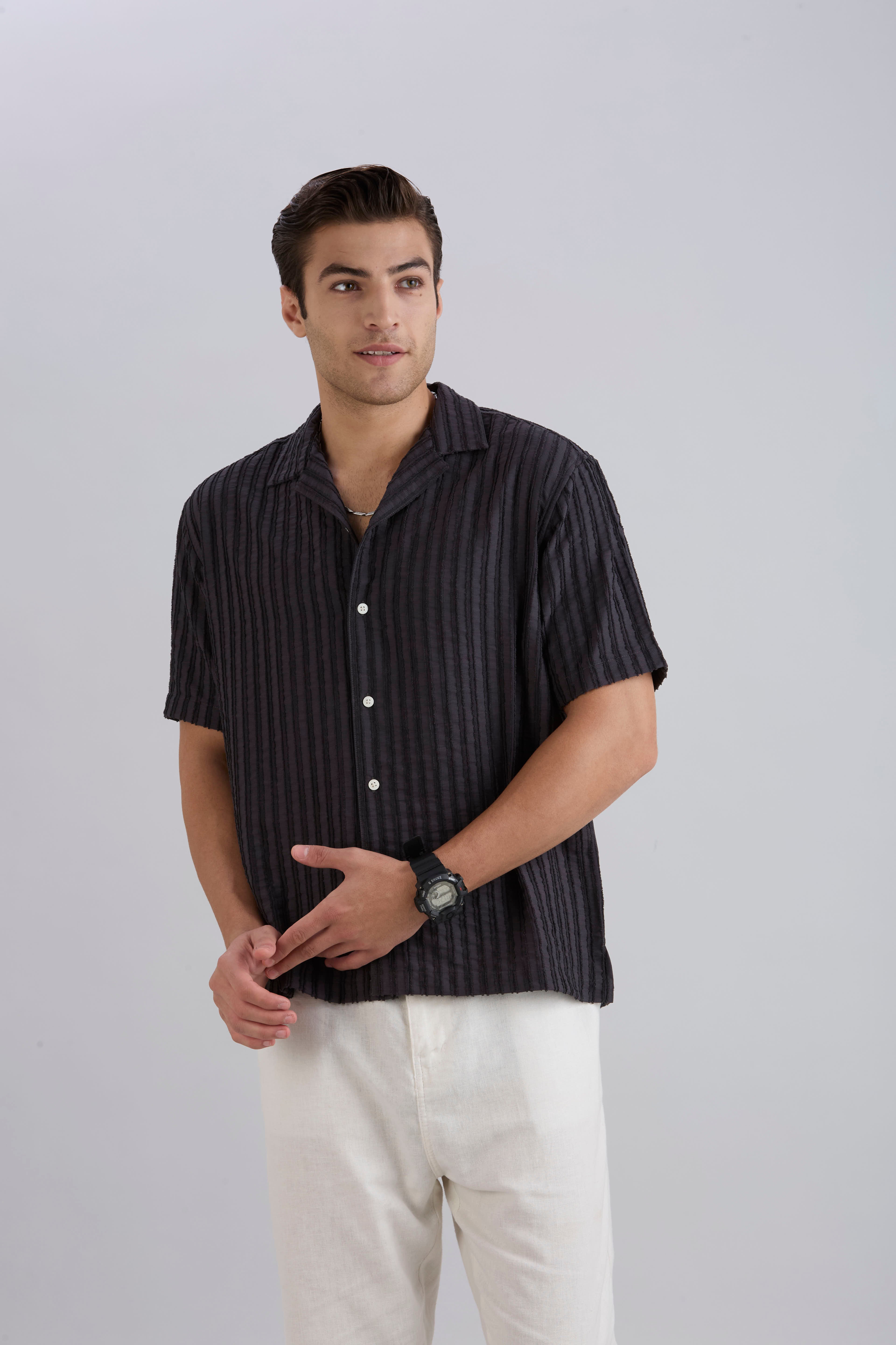 Mark Half-Sleeves Textured Cuban Collar Shirt - Dark Grey