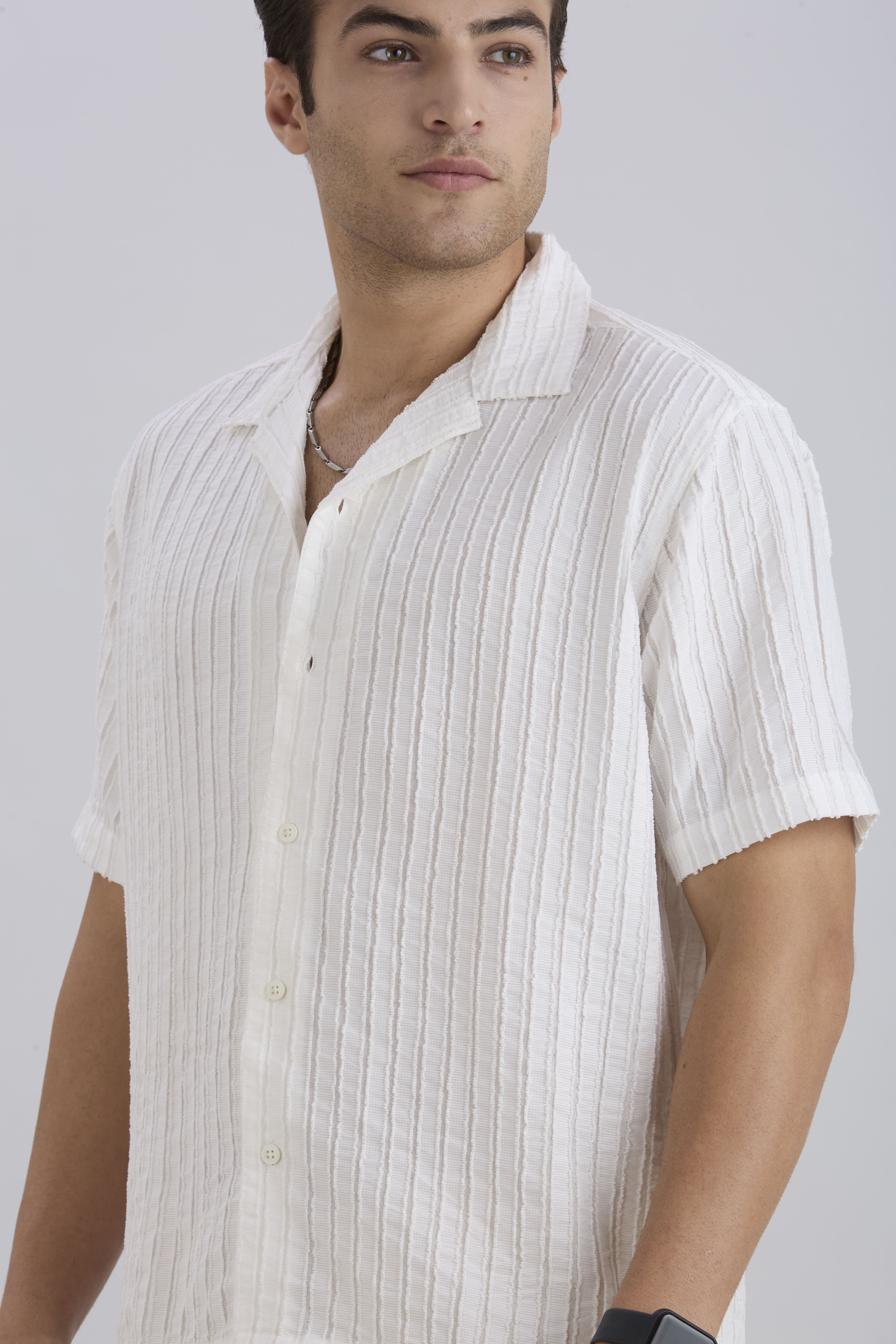 Mark Half-Sleeves Textured Cuban Collar Shirt - White