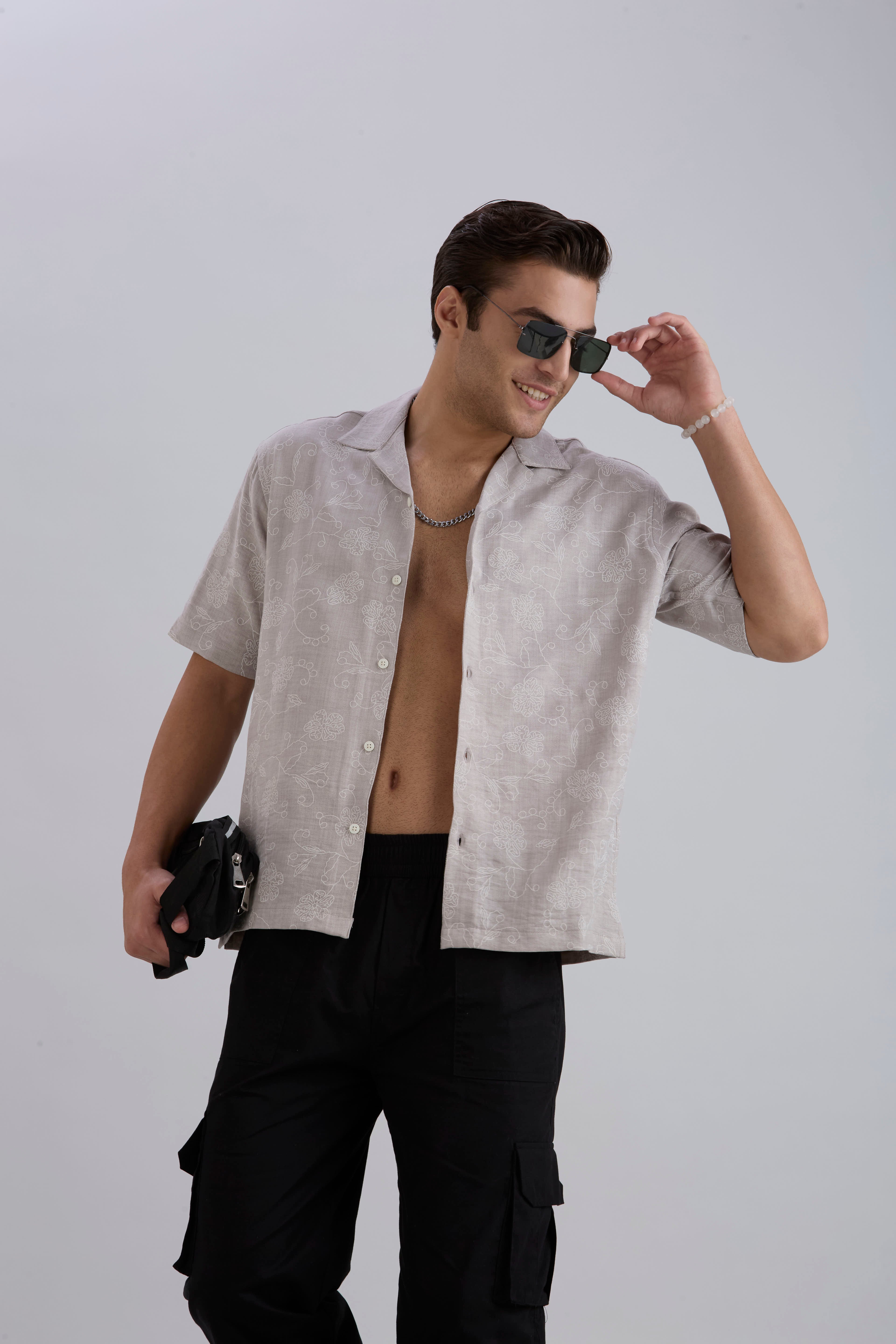 Aura Half-Sleeves Printed Cuban Collar Shirt - Grey