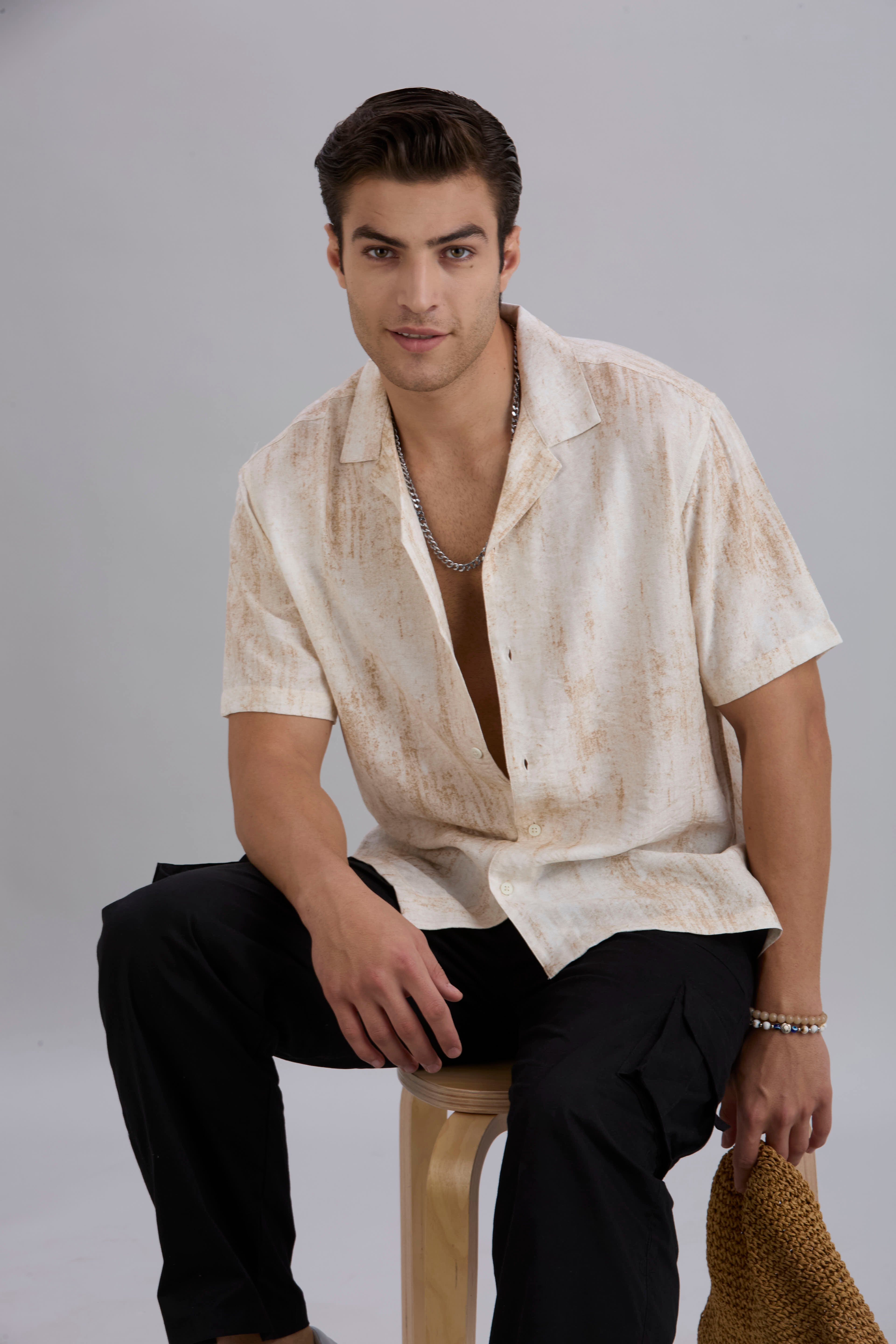 Splatter Half-Sleeves Printed Cuban Collar Shirt - Brown