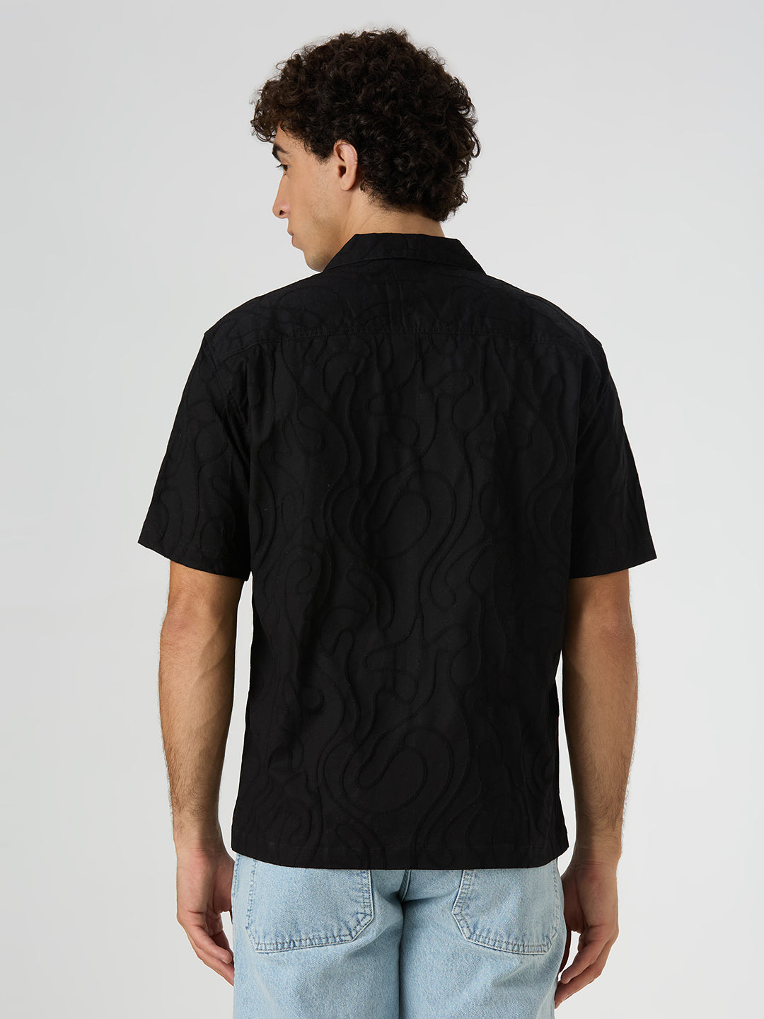 Olive Half-Sleeves Textured Cuban Collar Shirt - Black