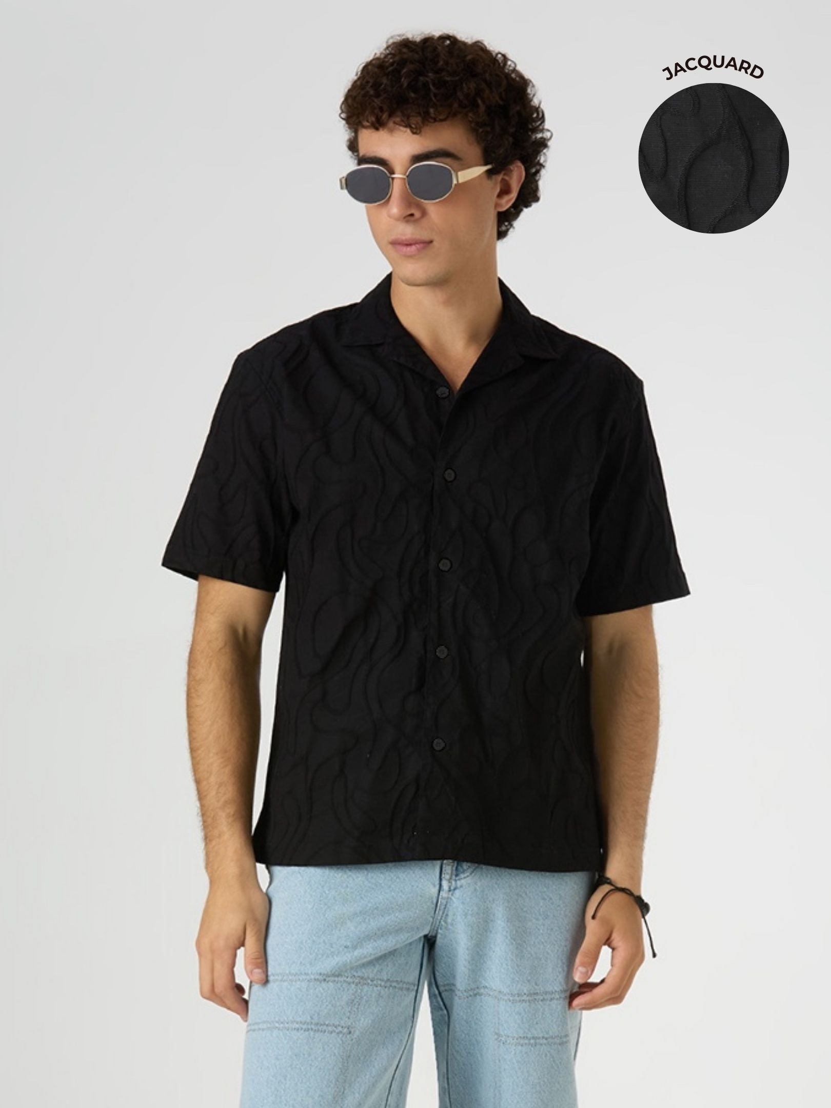 Olive Half-Sleeves Textured Cuban Collar Shirt - Black