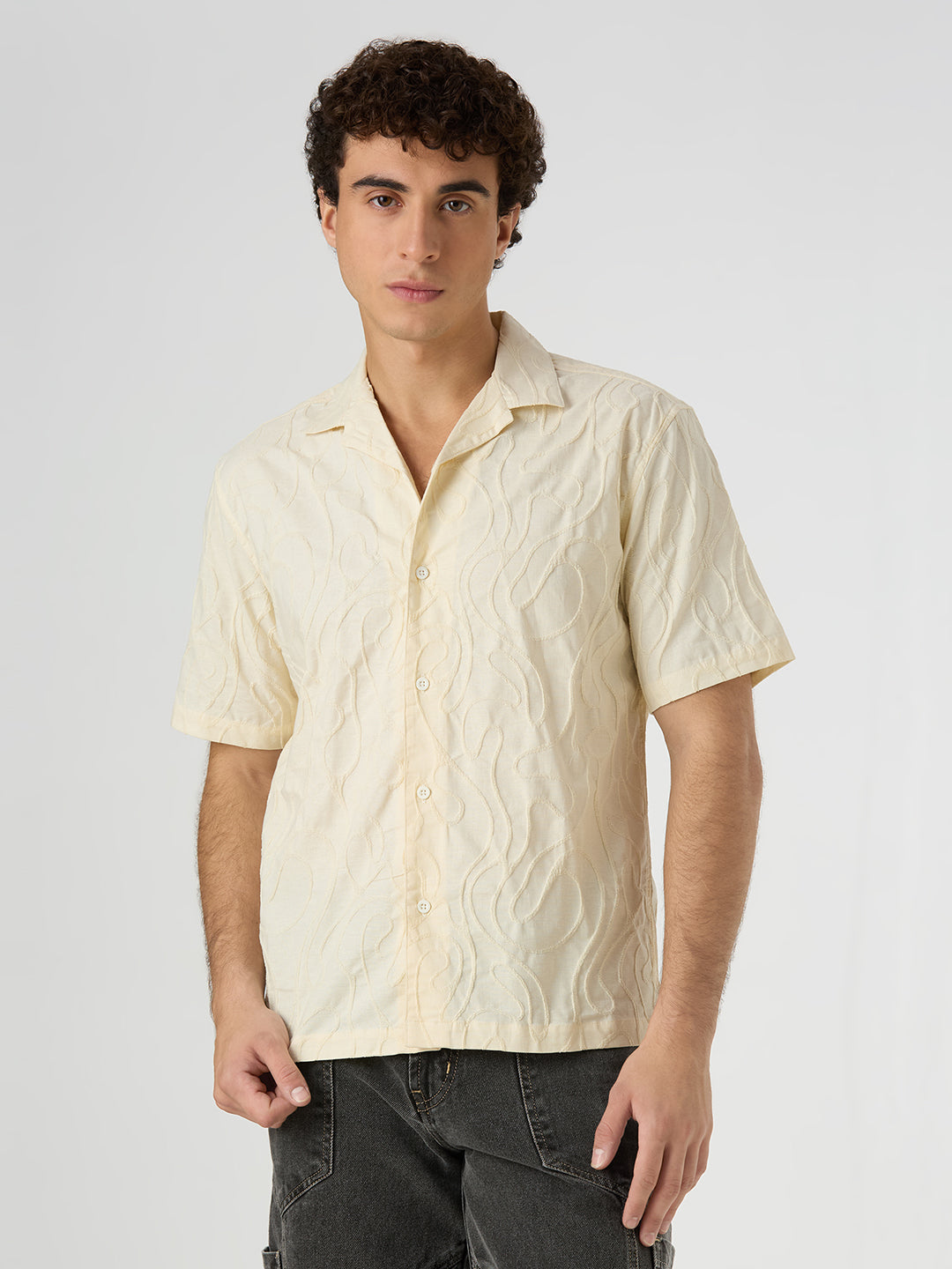 Olive Half-Sleeves Textured Cuban Collar Shirt - Cream