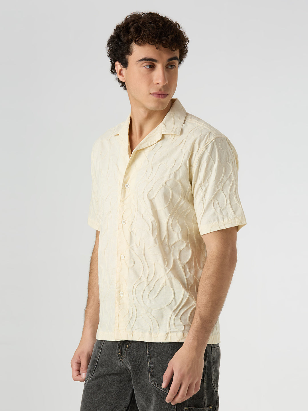 Olive Half-Sleeves Textured Cuban Collar Shirt - Cream