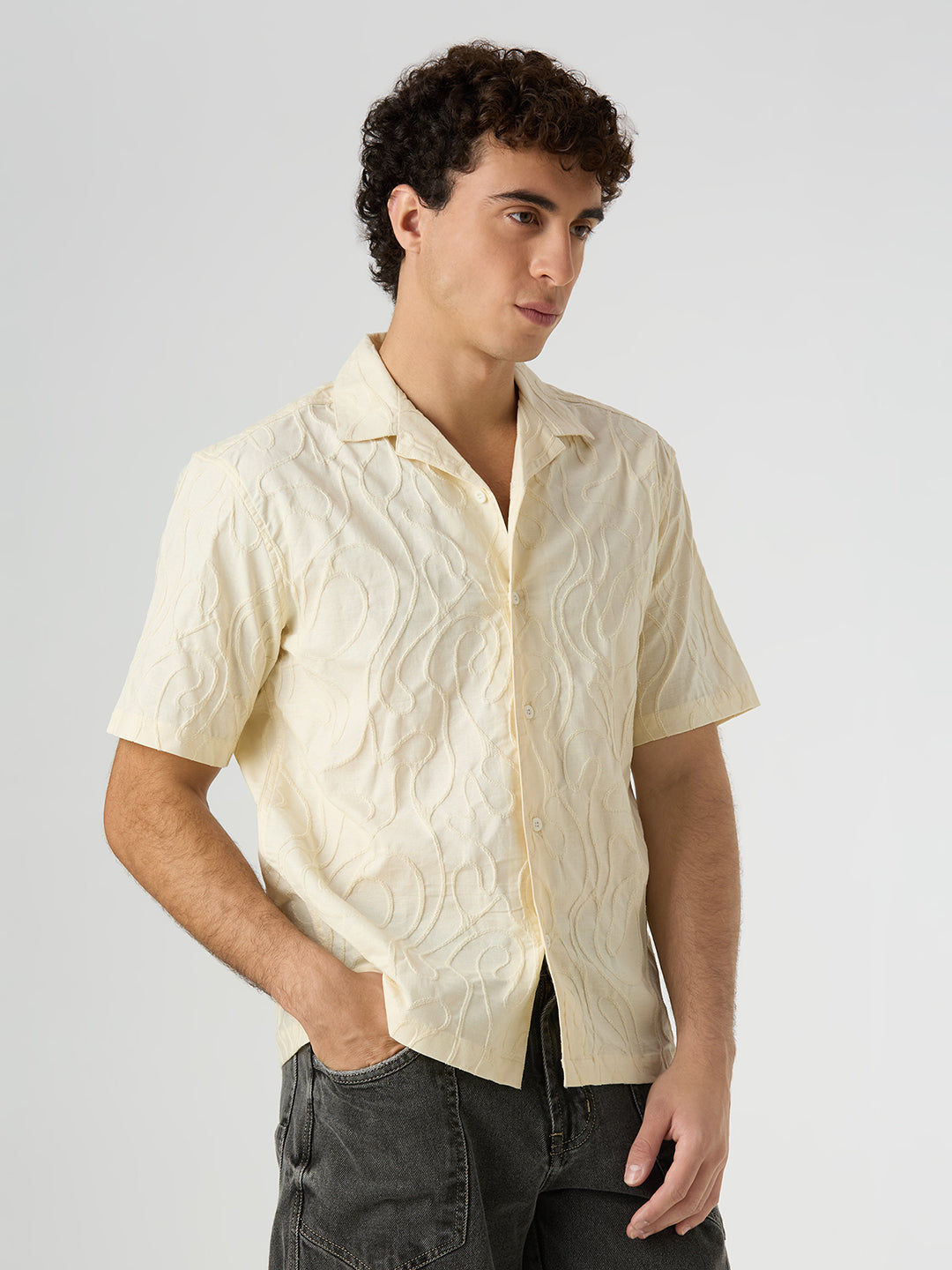 Olive Half-Sleeves Textured Cuban Collar Shirt - Cream
