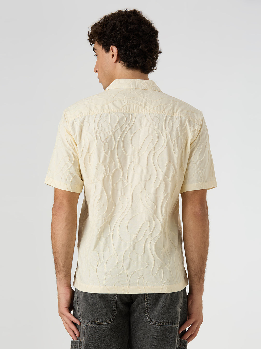 Olive Half-Sleeves Textured Cuban Collar Shirt - Cream