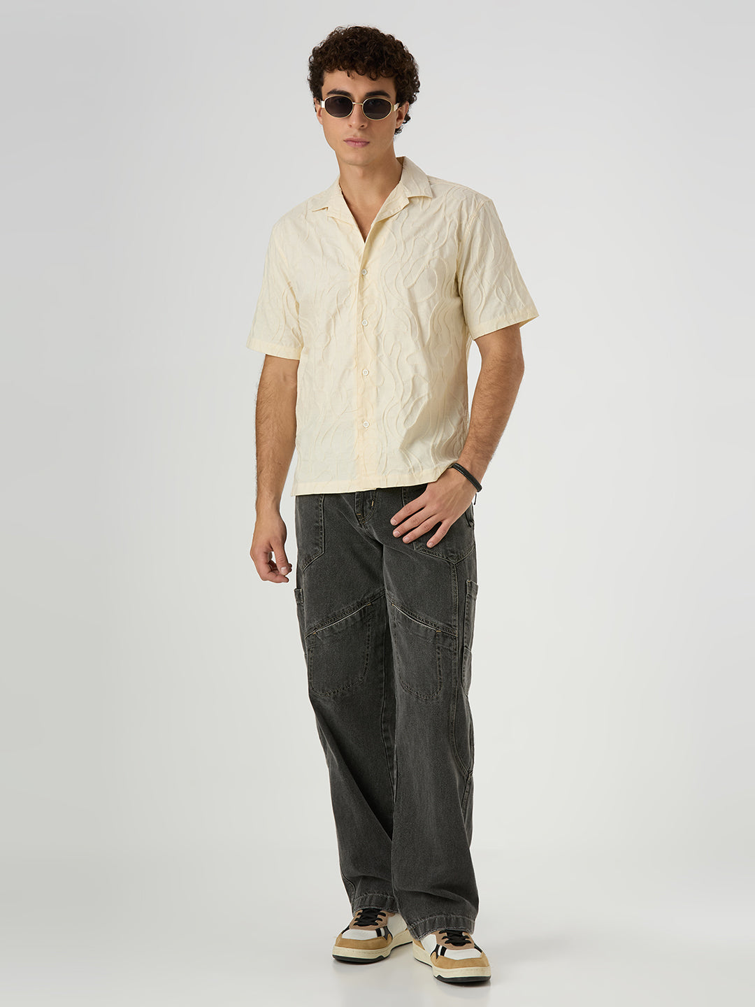 Olive Half-Sleeves Textured Cuban Collar Shirt - Cream