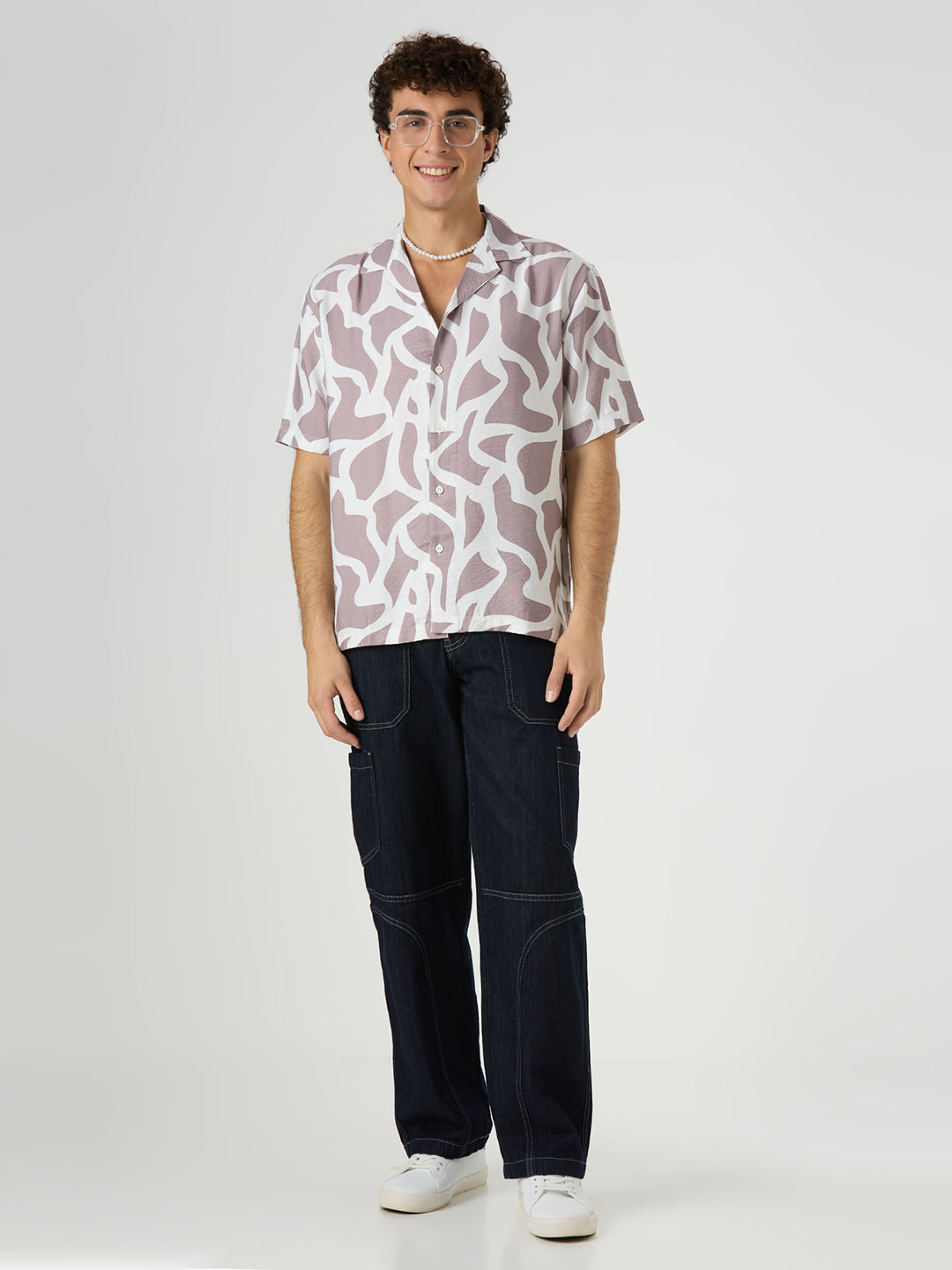 Pebble Half-Sleeves Printed Cuban Collar Shirt - Mauve