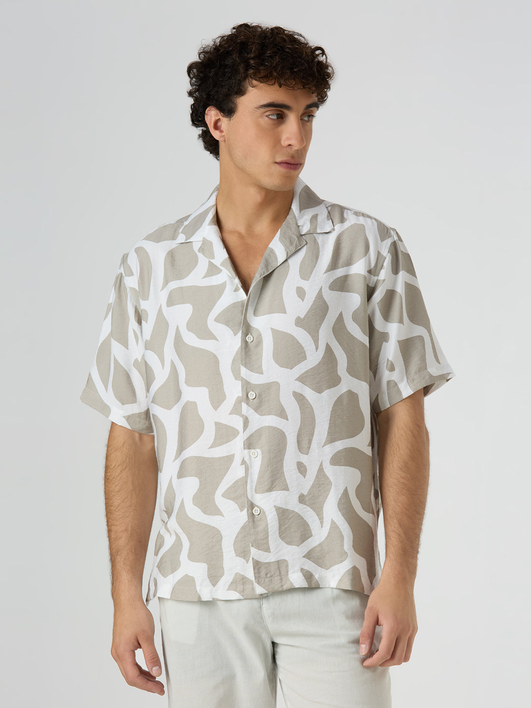 Pebble Half-Sleeves Printed Cuban Collar Shirt - Sand